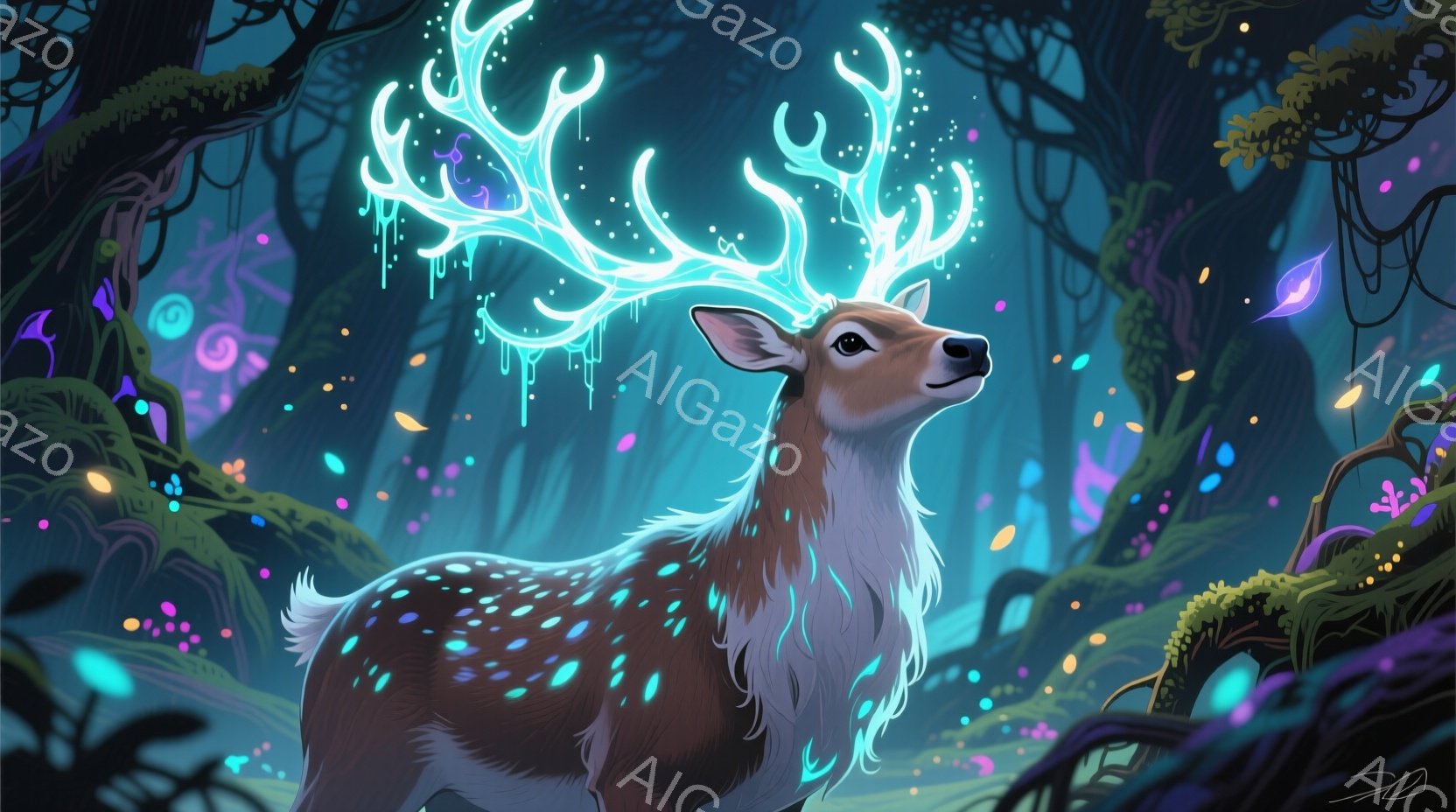 深い森の中で、輝く模様の鹿が立っている。その角は青緑色の光を放ち、まるで生きているかのように脈打っている。背景には幻想的な植物が茂り、光る胞子が舞い、神秘的な雰囲気を醸し出している。 - AI生成フリー素材