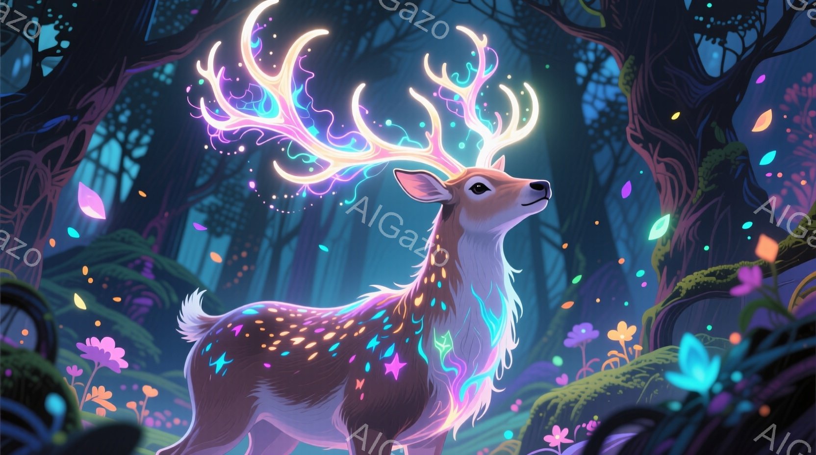 夜の森の中に、光り輝く鹿が描かれています。鹿の角は虹色に輝き、体には星のような光が散りばめられており、神秘的な雰囲気を醸し出しています。背景には暗い森が広がり、小さな花々や妖精のような光が点在し、幻想 - AI生成フリー素材