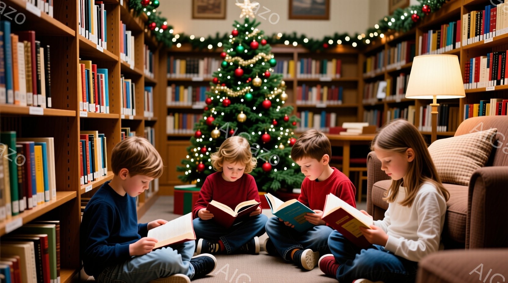 図書館の床に座って本を読む4人の子供たちが写っている。彼らはそれぞれ赤い、青い、白い、赤いセーターを着ており、皆少し前かがみになり集中して読書をしている。背景には、クリスマスツリーと本棚が並び、温かく - AI生成フリー素材