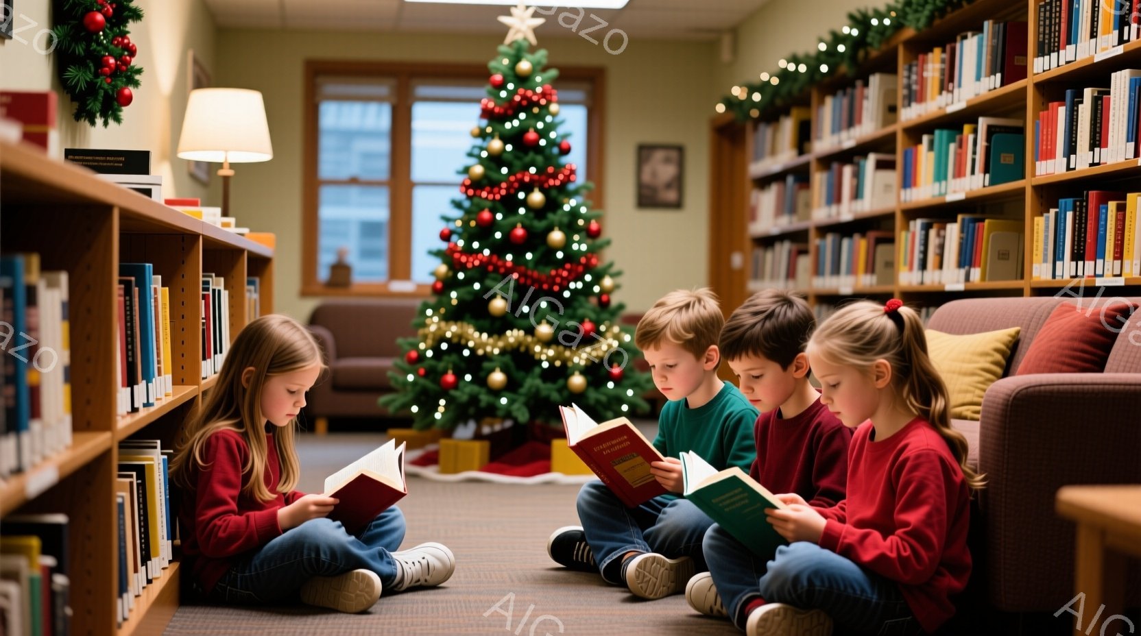 図書館の床に座って本を読む4人の子供たちが写っています。赤いセーターを着た女の子2人、緑色のセーターを着た男の子2人は、皆集中した表情で本を読んでおり、髪型はそれぞれお団子や短髪です。背景には本棚が並 - AI生成フリー素材