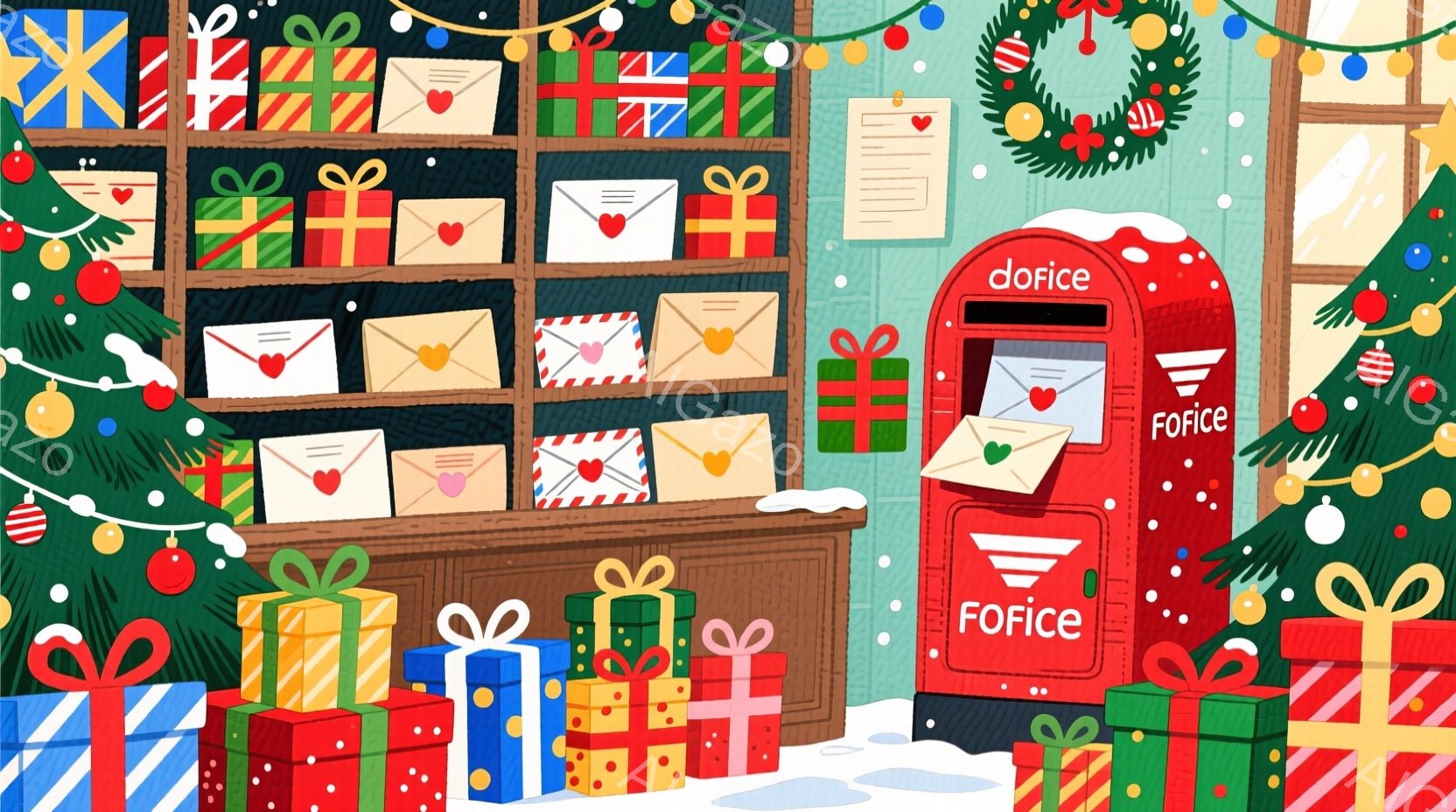 クリスマスをテーマにしたイラストで、たくさんのプレゼントと手紙が描かれています。赤い棚には様々なラッピングのプレゼントが積み重ねられ、白いポストには手紙が入れられています。背景にはクリスマスツリーが飾 - AI生成フリー素材