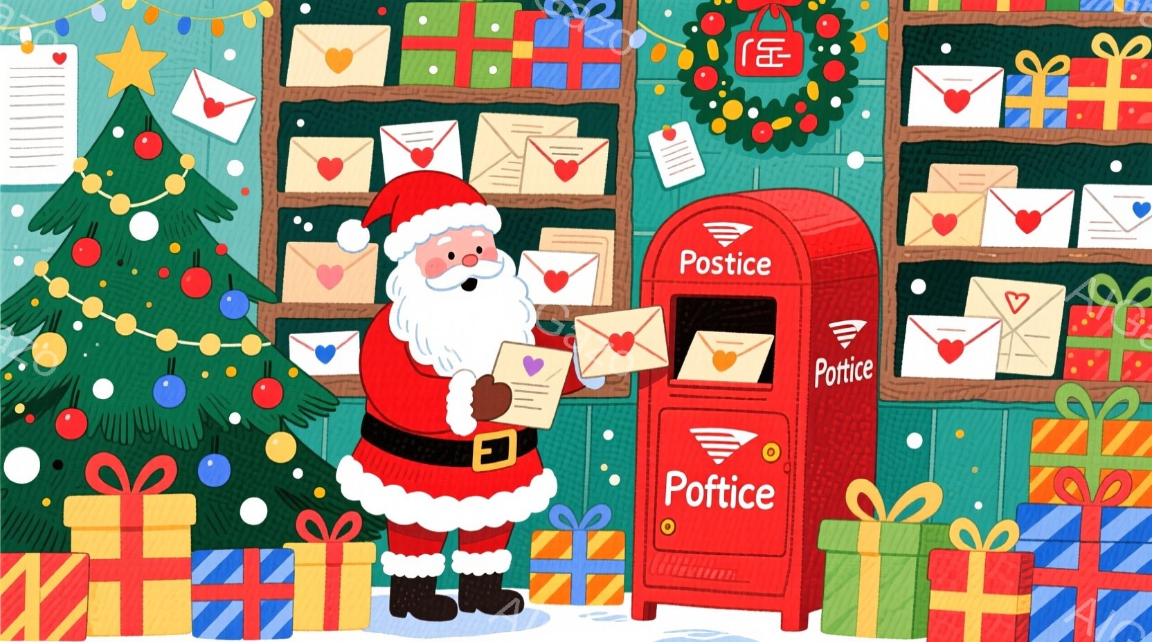 クリスマスツリーのそばにサンタクロースが立っており、赤い制服と白いひげを蓄えています。彼はプレゼントの山と、ハートの形をしたスタンプが押された手紙が積み上げられた赤いポストの横に立っています。背景には - AI生成フリー素材
