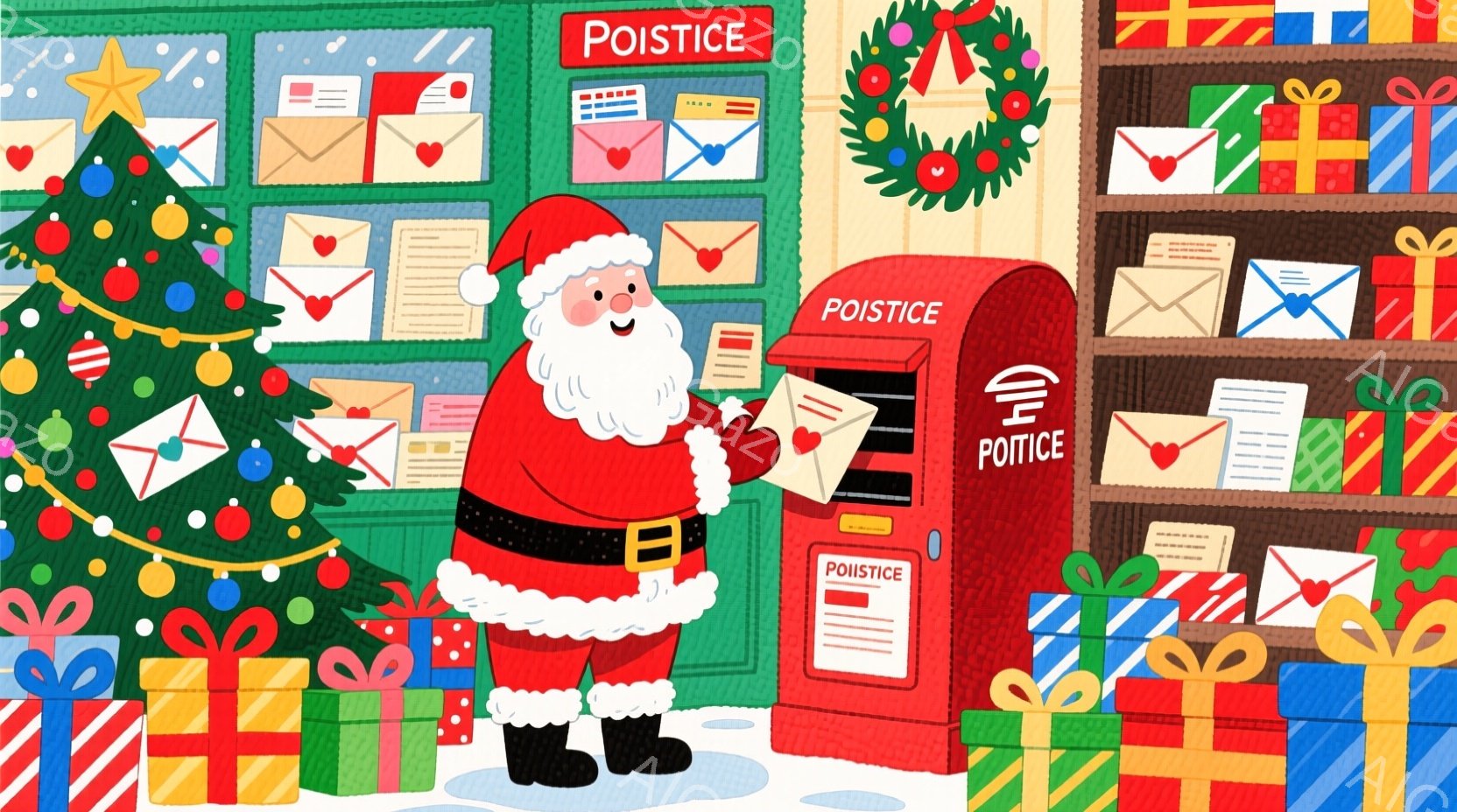 サンタクロースが赤い郵便ポストに手紙を投函しているイラストです。彼は赤いスーツと白い髭、そしてふさふさの白い髪をしており、笑顔で優しい表情をしています。背景にはクリスマスツリーやプレゼントの山があり、全体的に暖かく、お祝いの雰囲気です。