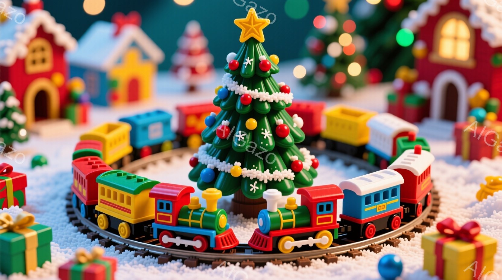 クリスマスツリーを中心に、カラフルなブリック製の列車が線路を周回している様子が描かれています。雪が積もった背景には、同様のブリック製の家々が配置され、プレゼントの箱が点在しています。全体的に暖かく、お祝いムードにあふれたクリスマスの情景が表現されています。
