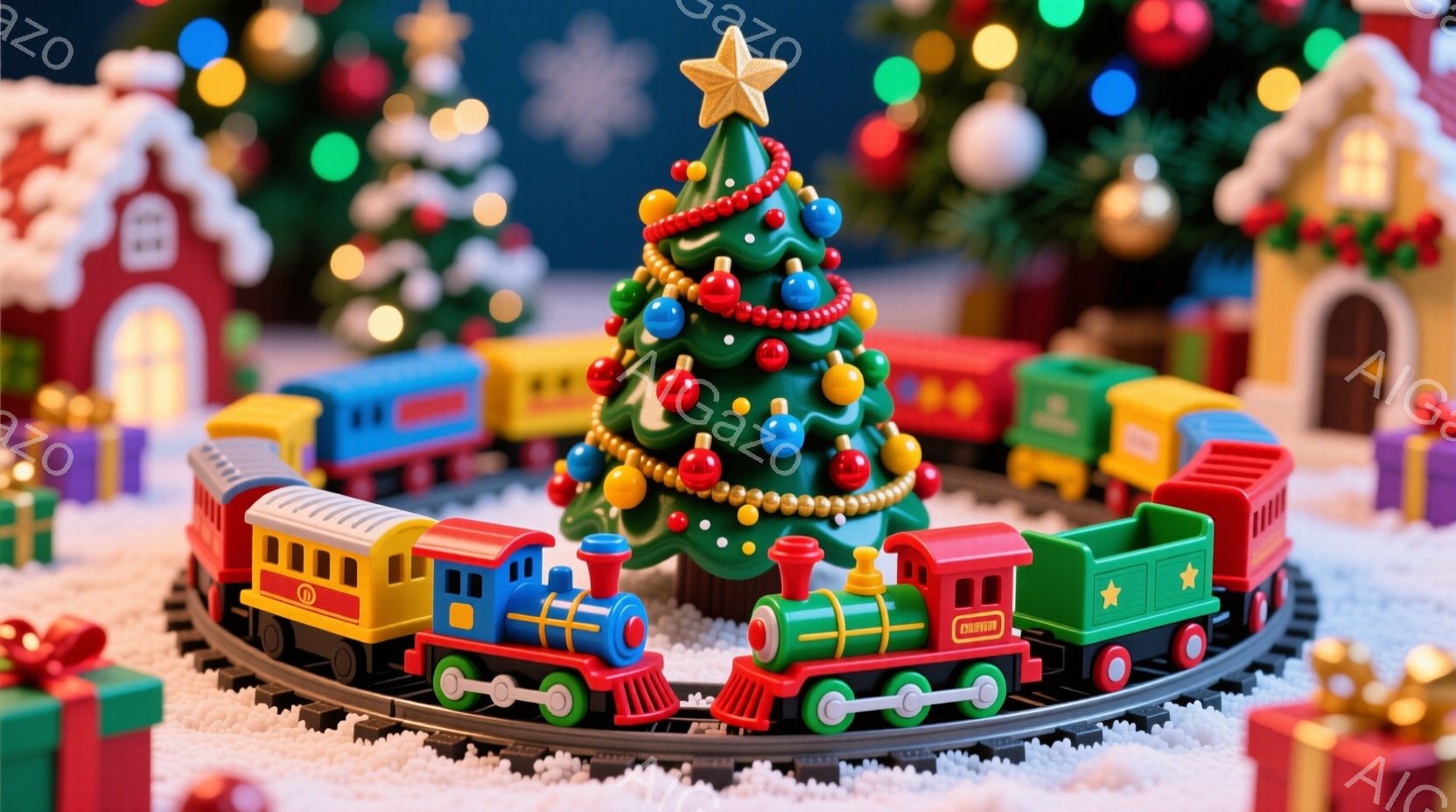 カラフルな玩具の列車が、雪に覆われた線路の上を走っている様子が描かれています。背景には、おもちゃのような家々が並び、クリスマスツリーが輝いており、プレゼントボックスが散りばめられています。全体的に暖かく、お祝いの雰囲気で、子供向けのクリスマスの情景が表現されています。