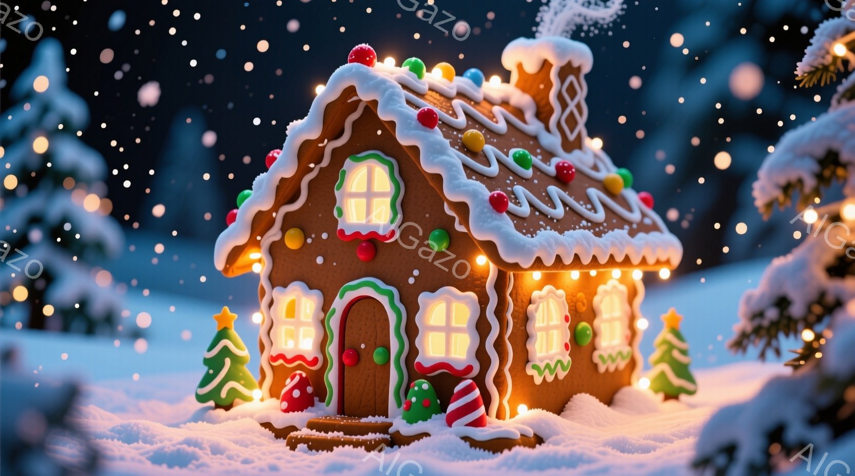 砂糖菓子で作られた可愛らしい家が雪景色の中にあります。家の周りには小さなモミの木が飾られ、家自体はキャンディやアイシングで飾られて温かい光を放っています。背景は雪が舞う夜空で、全体的に暖かく幻想的な雰囲気を醸し出しています。