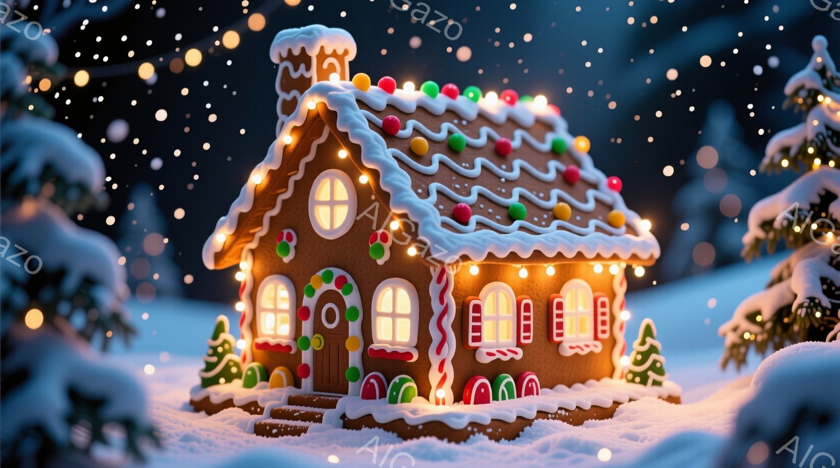 暖炉の光が温かく輝く、お菓子の家が雪景色の中にあります。屋根はアイシングで覆われ、カラフルなキャンディーやクッキーで飾られ、可愛らしいドアと窓が特徴です。背景には雪をまとった木々が立ち並び、幻想的な冬の雰囲気を醸し出しています。