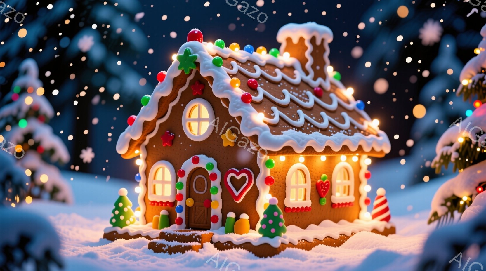 ジンジャーブレッドで作られた家が雪景色の中に建っており、カラフルなキャンディやアイシングで装飾されています。家の周りには雪が降り積もり、背景には暗緑色の木々がぼんやりと見え、暖かい光が家全体を照らして - AI生成フリー素材