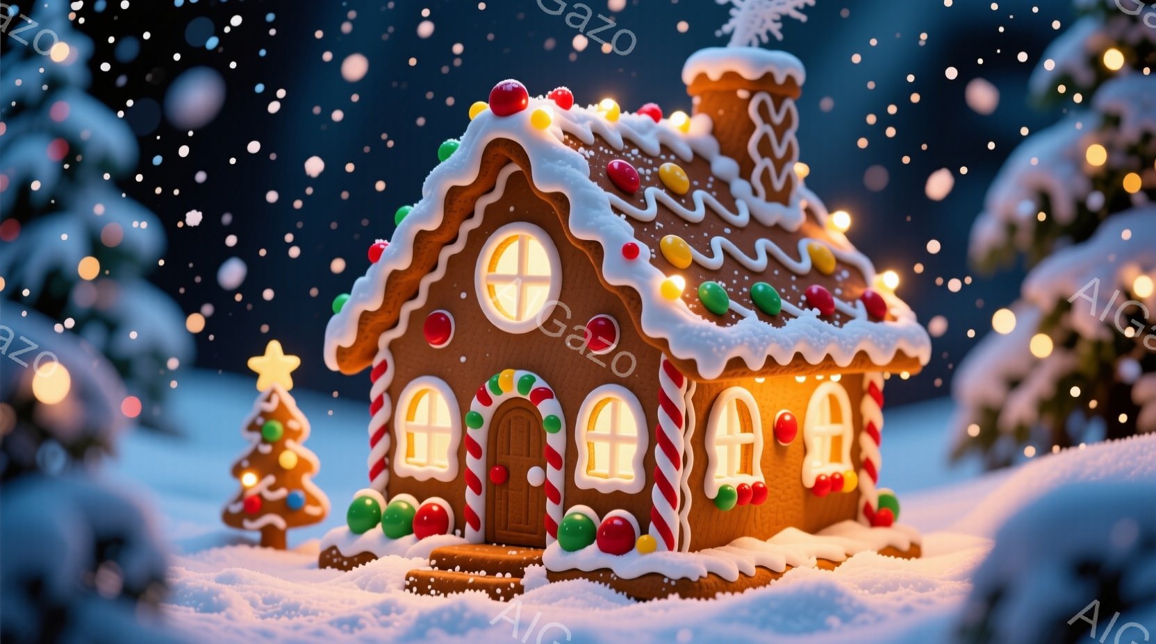 暖炉から温かい光が漏れる、お菓子の家が雪景色の中にあります。屋根は白いアイシングで覆われ、カラフルなキャンディやグミで飾られています。背景には雪に覆われた木々と、ぼんやりとした星空が広がり、幻想的な冬の雰囲気を醸し出しています。