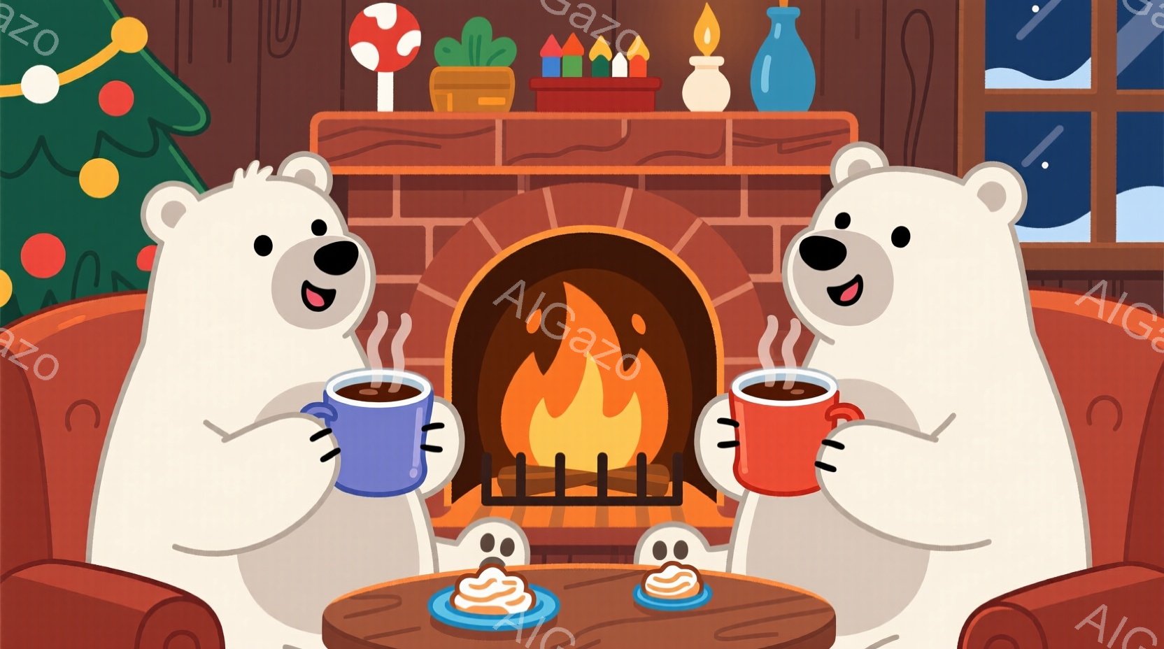 暖炉の前でホットドリンクを飲む二匹の白いクマが描かれています。クマたちは赤いソファに座り、片手に湯気を立てるカップを持っています。背景には、クリスマスツリー、キャンドル、そして雪景色が見え、温かく心地よい冬の雰囲気を醸し出しています。