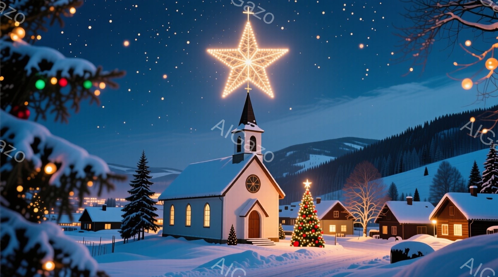 雪に覆われた静かな村の中に、美しい教会がそびえ立っています。教会の尖塔には大きな星型の光が輝き、周囲の家々や木々も温かい光で照らされ、クリスマスの雰囲気を醸し出しています。雪景色と星空が相まって、幻想 - AI生成フリー素材
