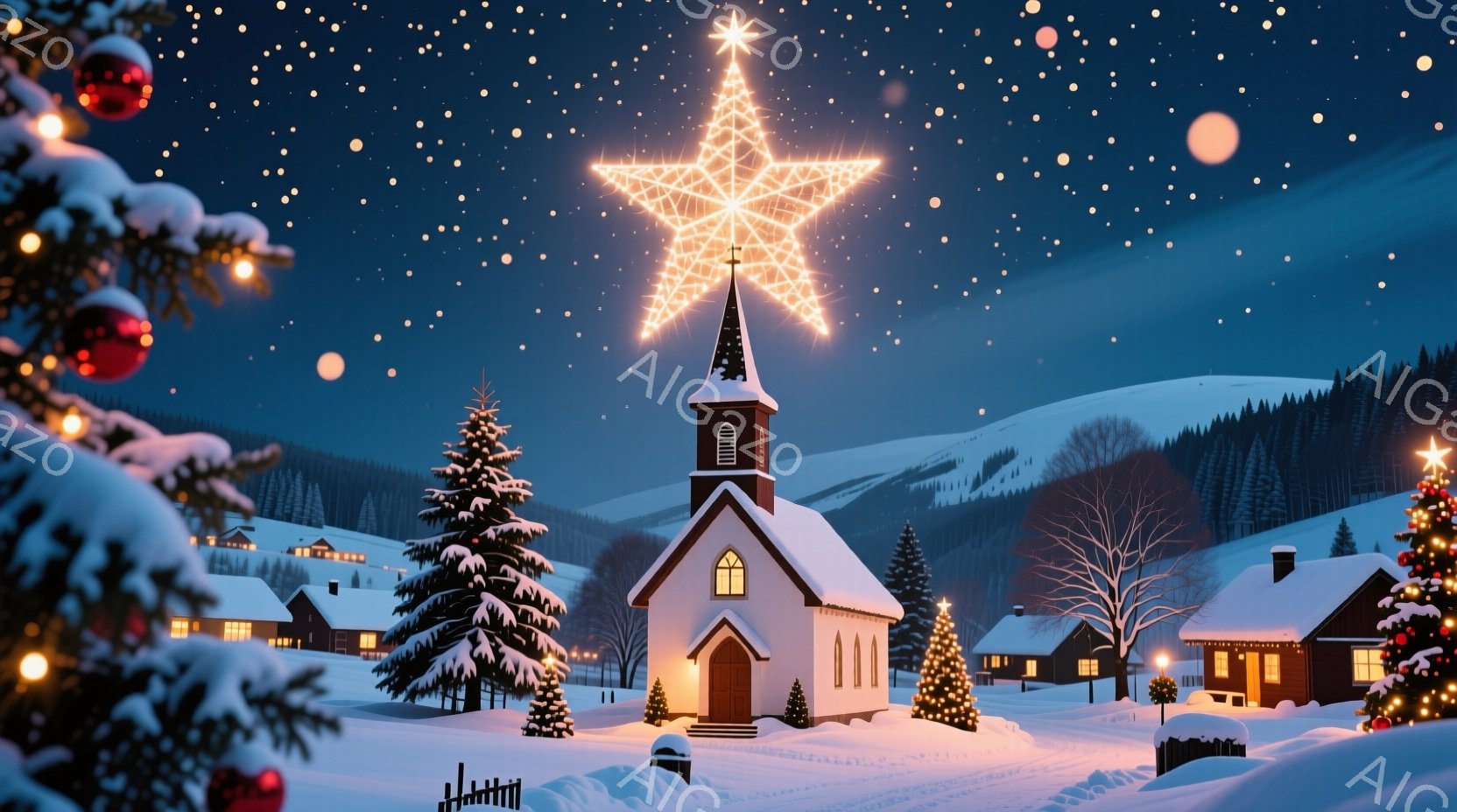 雪に覆われた静かな村の風景で、中央には白い教会が建っています。教会の屋根の上には輝く大きな星が飾られ、周りの家々も温かい光で照らされています。背景には雪をまとった山々が広がり、星空の下、穏やかで幻想的な冬の夜の雰囲気が漂っています。