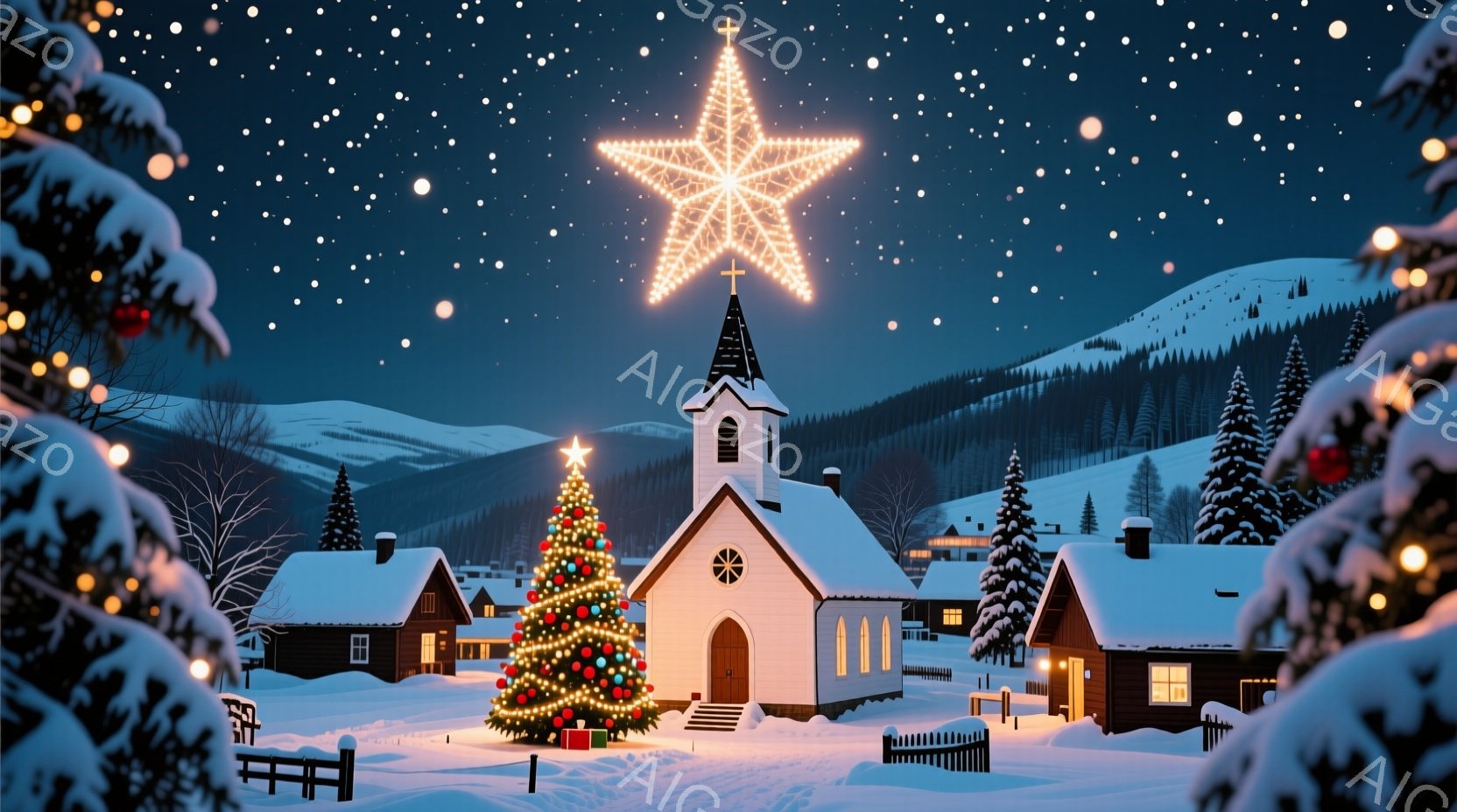 雪が降り積もる夜の風景で、小さな村の中心に教会が建っています。教会の屋根には星形の光が輝き、クリスマスツリーが飾られた教会前にはプレゼントボックスが置かれています。背景には雪に覆われた山々が連なり、暖 - AI生成フリー素材