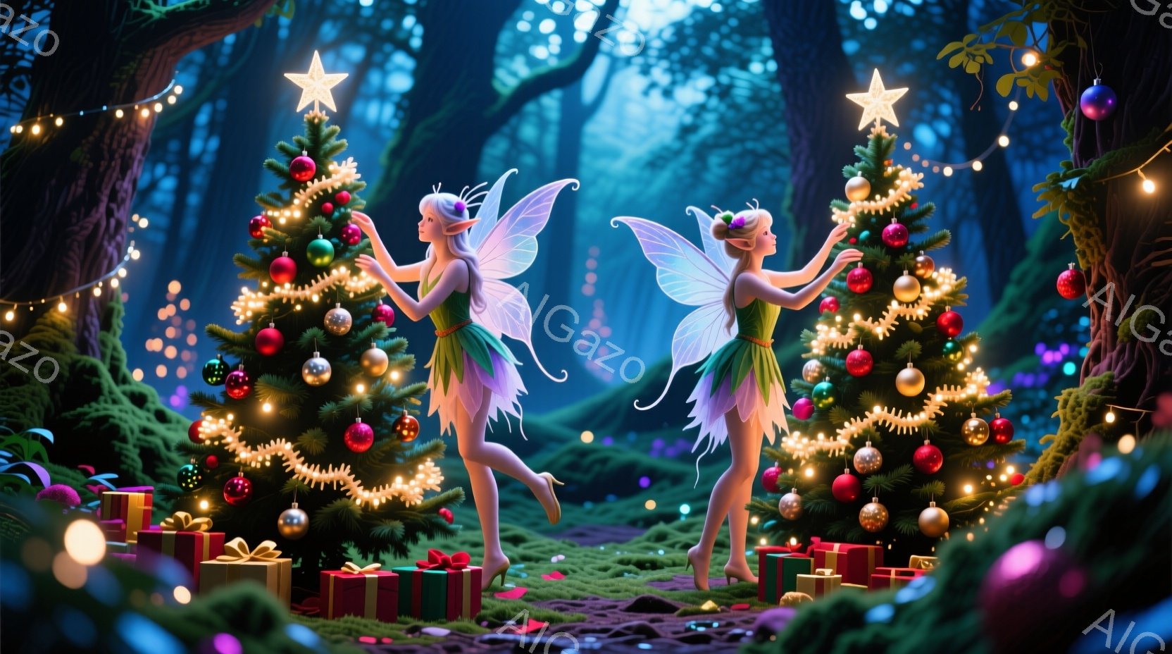 二人の妖精が、緑豊かな森の中でクリスマスツリーを飾り付けている。妖精たちは、緑色の葉のドレスのような衣装を身につけ、長い巻き毛と小さな翼を持っている。背景には、きらびやかな光が散りばめられた暗い森が広 - AI生成フリー素材