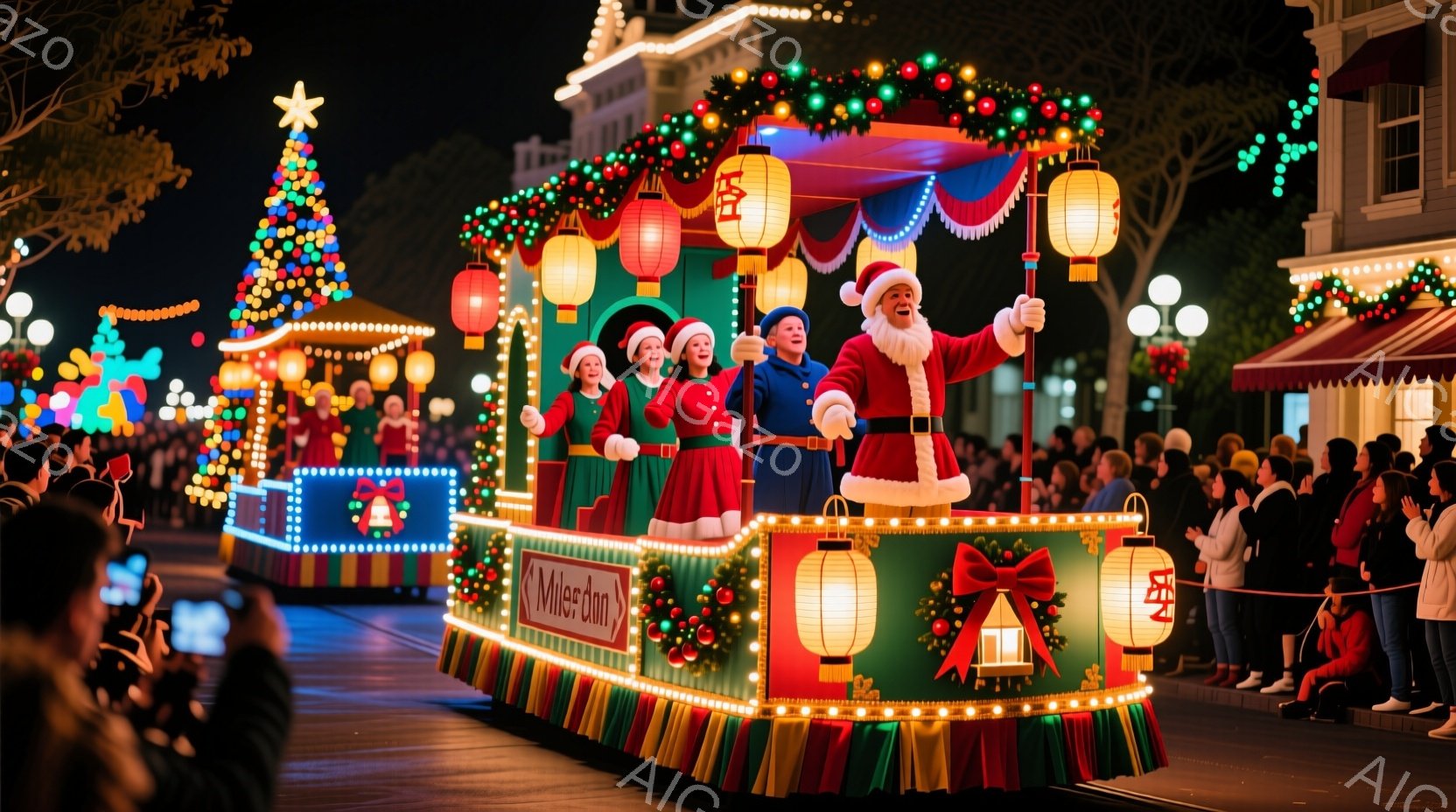 クリスマスをテーマにしたフロートが夜の遊園地を走行している。サンタクロースを含む数名の出演者が赤いジャケットと緑のズボンを着用し、笑顔で手を振っている。背景には、ライトアップされた建物やクリスマスツリーが見え、多くの観客がフロートを見守っている。
