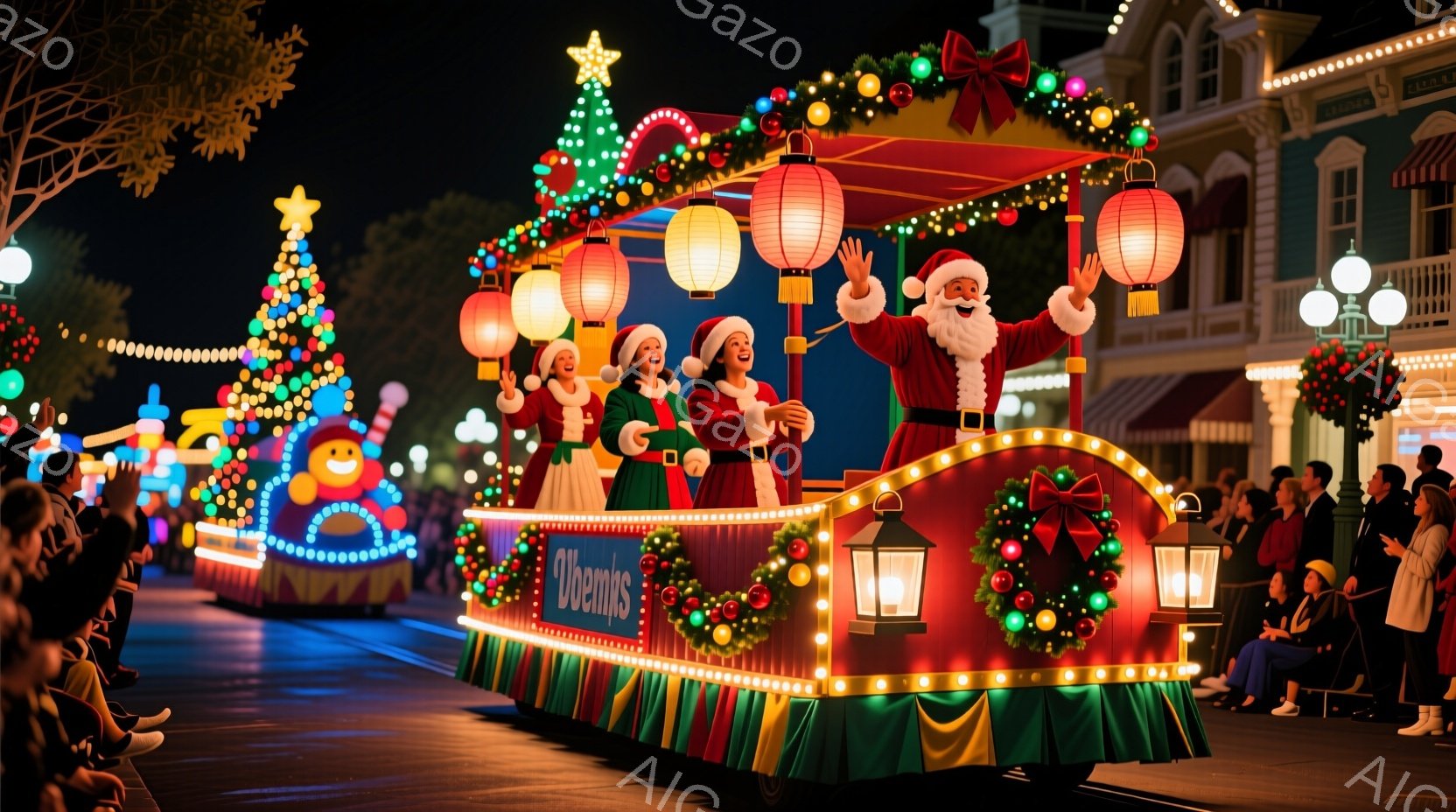 クリスマスをテーマにしたパレードのフロートが写っている。サンタクロースと、緑色のドレスと白い帽子をかぶった女性たちがフロートの上で手を振り、楽しそうにしている。背景には、クリスマスツリーや装飾が施された建物が並び、夜空には星が輝いている。