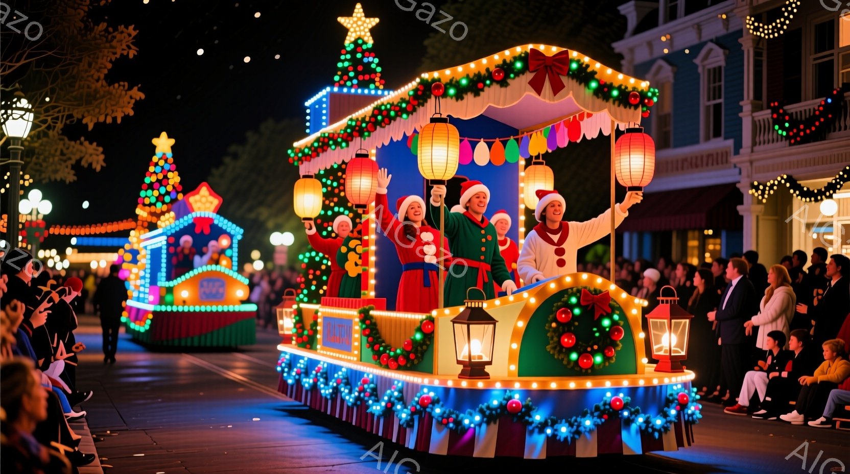 夜の遊園地のパレードで、クリスマスをテーマにしたフロートが進行している。フロートの上には、赤い帽子と緑の衣装を着た女性たちが笑顔で手を振っており、明るい表情が印象的だ。背景には、クリスマス装飾が施された建物が並び、多くの観客がフロートを眺めている様子から、華やかで賑やかな雰囲気が伝わってくる。