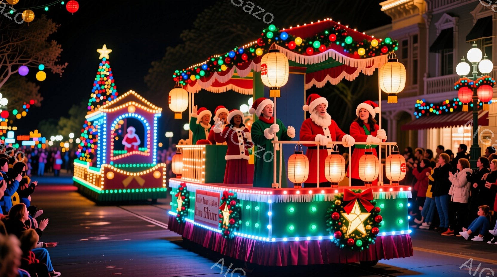 夜のパレードの一場面で、クリスマスをテーマにした装飾が施されたフロートが写っている。サンタクロースを含む数人の人物が、赤い帽子と緑色の服を着てフロートに乗り、笑顔で手を振っている。背景には観客や建物の明かりが見え、華やかで楽しいクリスマスの雰囲気が漂っている。