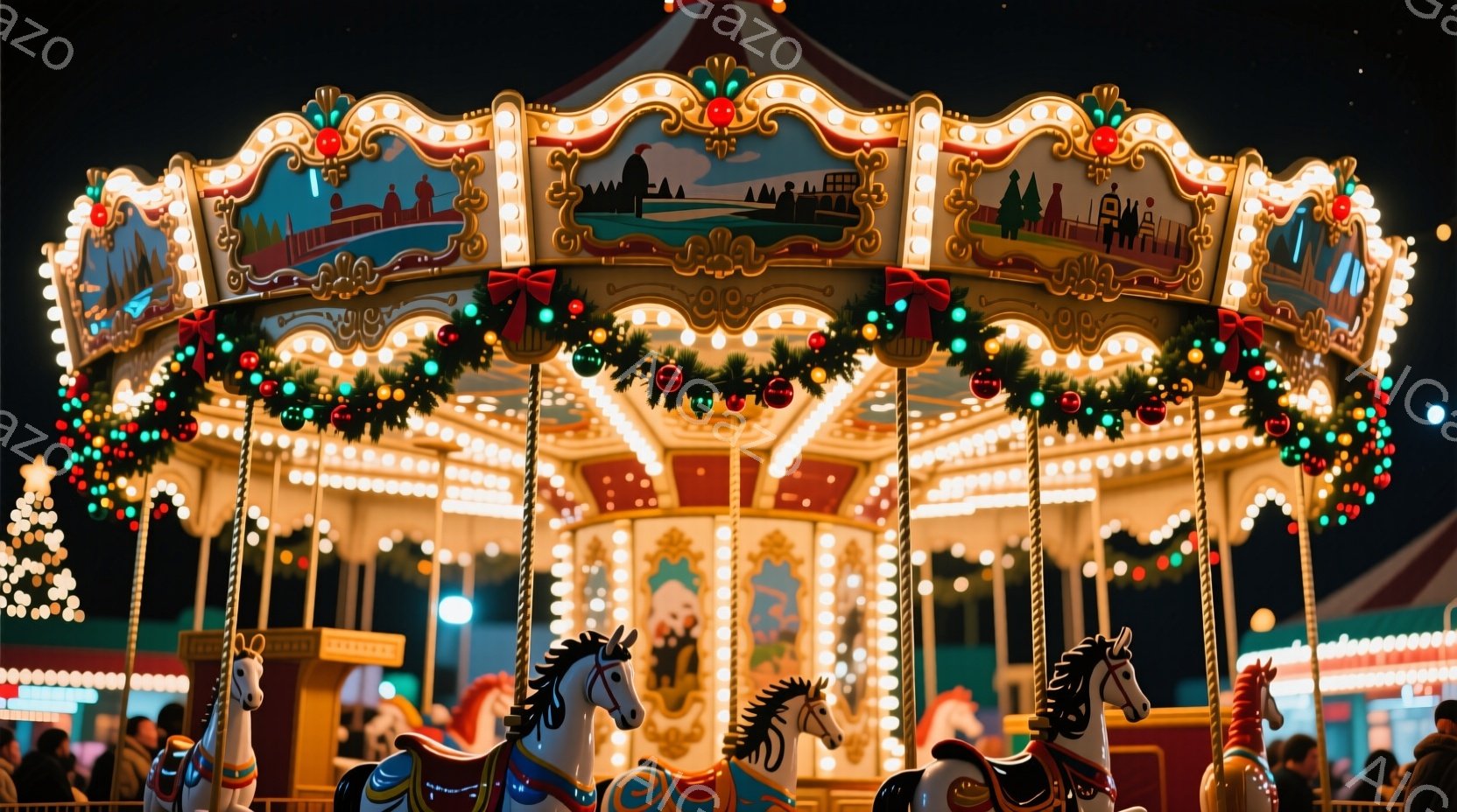 夜の遊園地のメリーゴーランドが、きらびやかな光で飾られています。手すりや屋根にはクリスマスリースと装飾が施され、背景にはぼんやりと他のアトラクションが見えます。馬の乗り物は鮮やかな色彩で、おとぎ話のような雰囲気を醸し出しています。