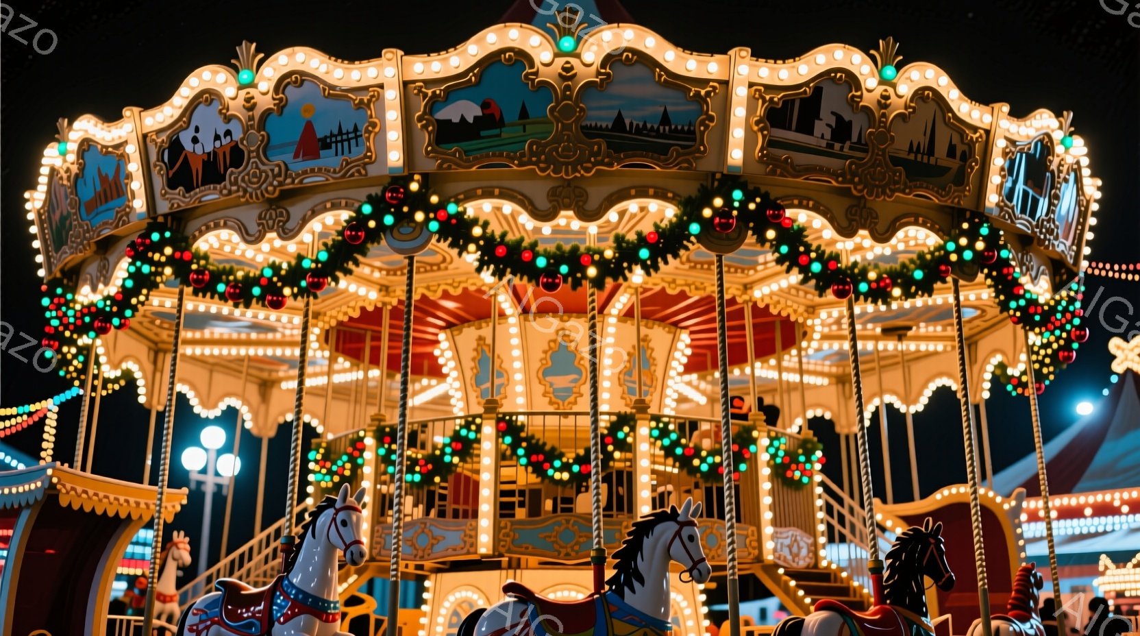 夜の遊園地にあるメリーゴーランドが、輝く電飾とクリスマスリースで飾られています。白い木馬たちは、その装飾の中で優雅に回転し、背景にはぼんやりとした遊園地の建物が見えます。全体的に、暖かく、お祭り気分に - AI生成フリー素材