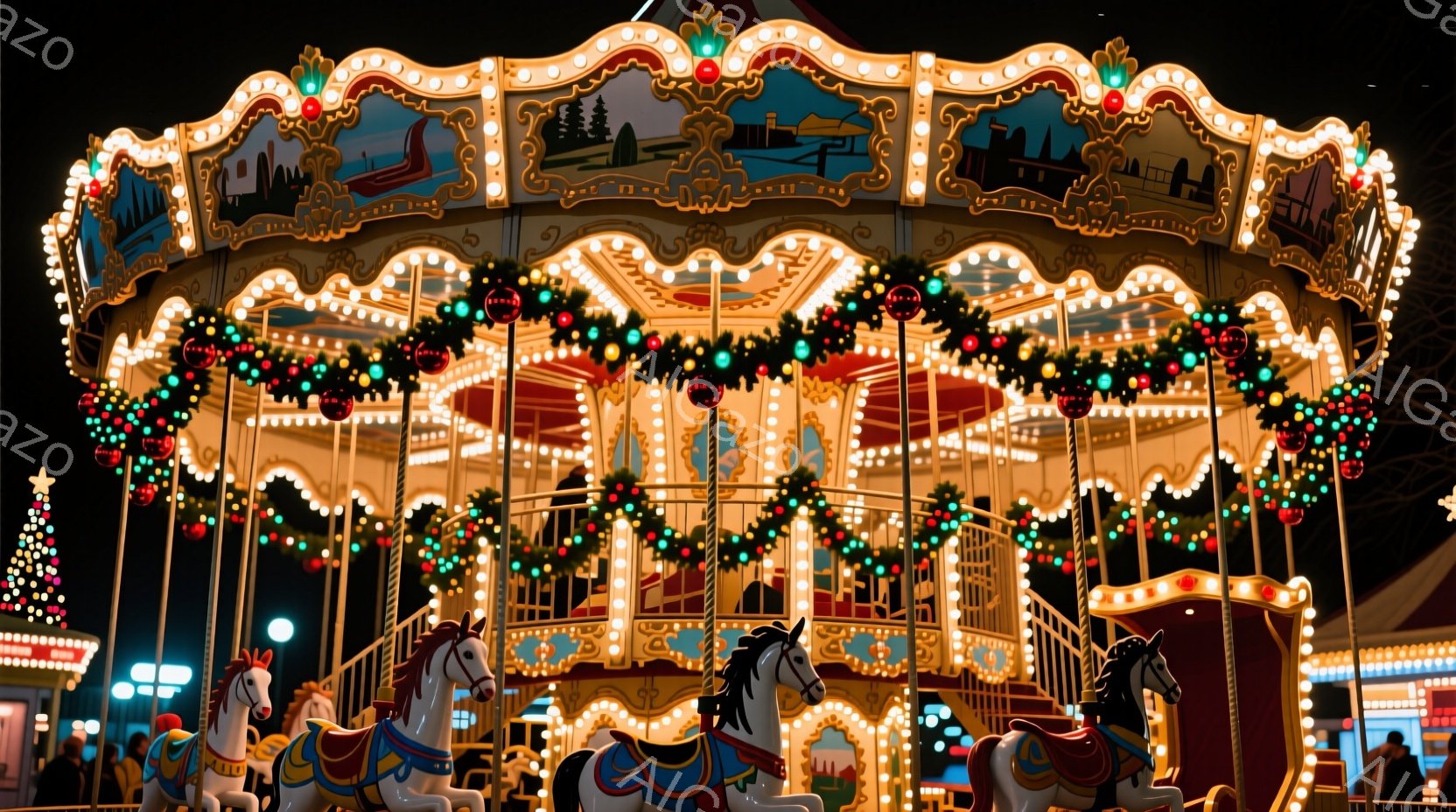 夜の遊園地のメリーゴーランドが、カラフルなライトと装飾で輝いている。白馬が中心に並び、その上部には、街並みや風景が描かれたパネルが飾られている。クリスマスらしいガーランドが全体を彩り、暖かく幻想的な雰 - AI生成フリー素材