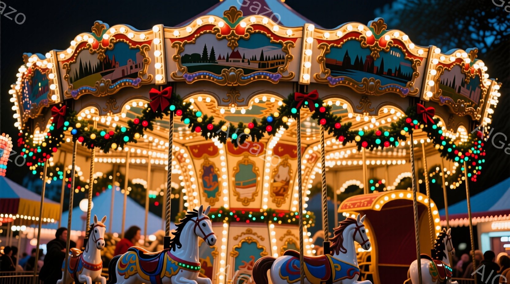 カラフルな装飾が施されたメリーゴーラウンドが、暗闇の中で輝いている。白い木馬が並び、背景にはぼやけた遊園地の露店や建物が見える。全体的に、冬の夜の温かく幻想的な雰囲気が漂っている。