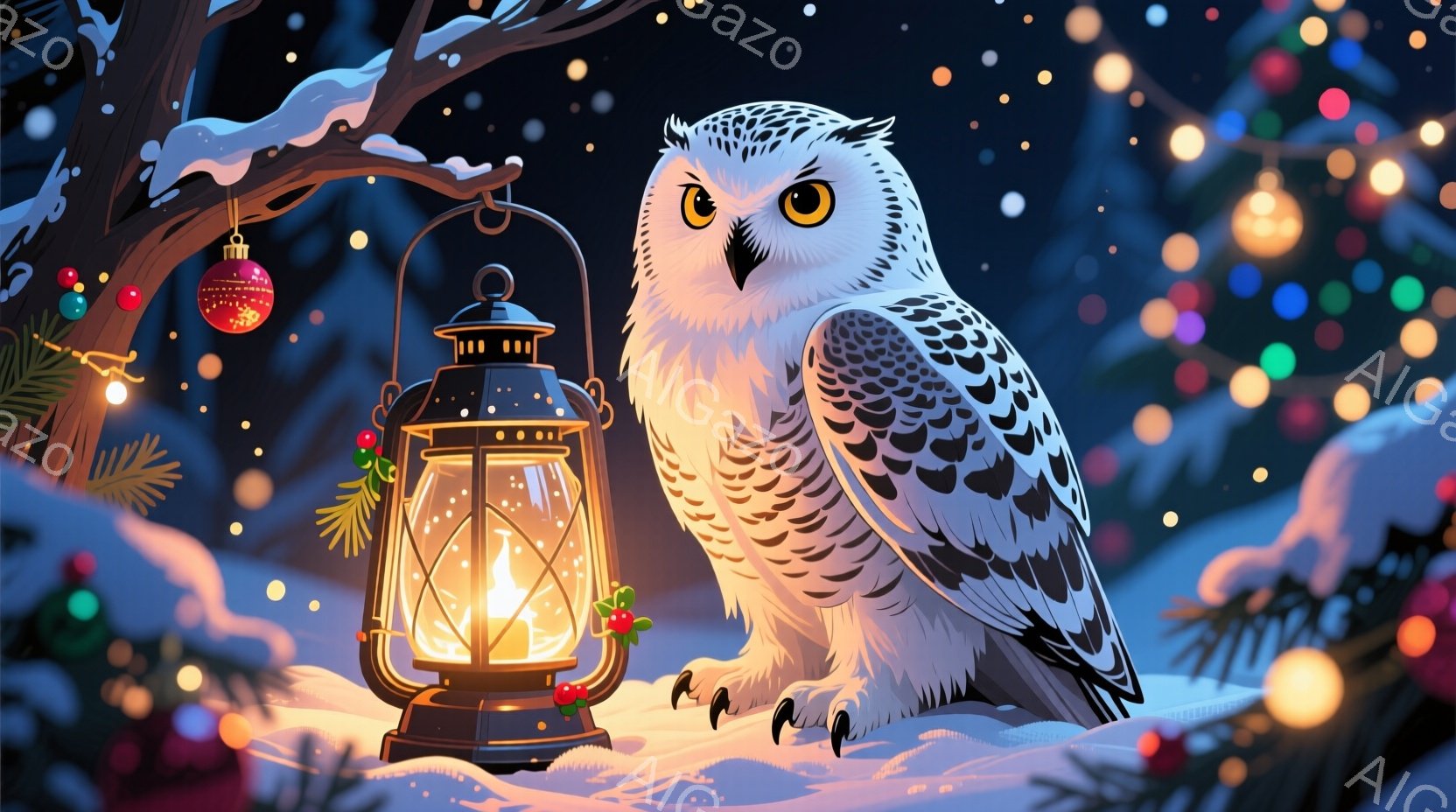 温かいココアがテーブルの上に置かれ、湯気が立ち上っている。背景には、クリスマスツリーの飾りや、カフェのカウンターと客席が見え、暖かい雰囲気を作り出している。暖炉や装飾がクリスマスシーズンを強調し、落ち着いた雰囲気の中でリラックスできる空間が表現されている。