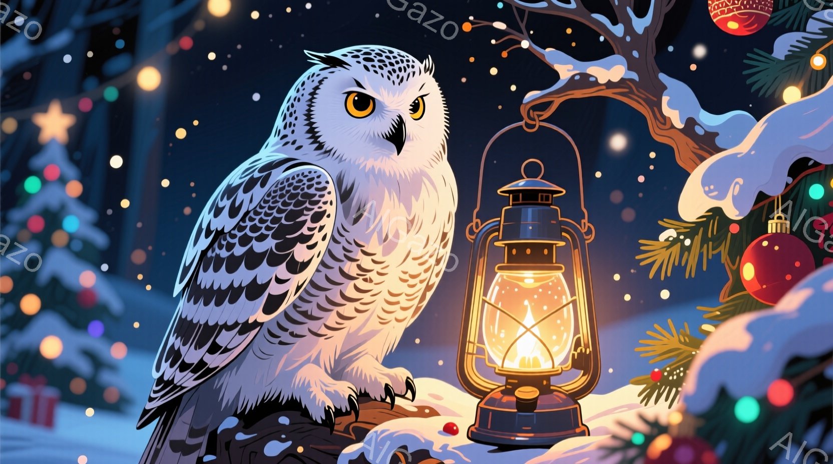 白いフクロウが雪の積もった木の枝にとまっており、暖かく光るランタンの隣に立っている。背景には、ぼやけたクリスマスツリーの光と、雪が降る夜空が広がっており、冬の暖かい雰囲気を醸し出している。フクロウは鋭 - AI生成フリー素材
