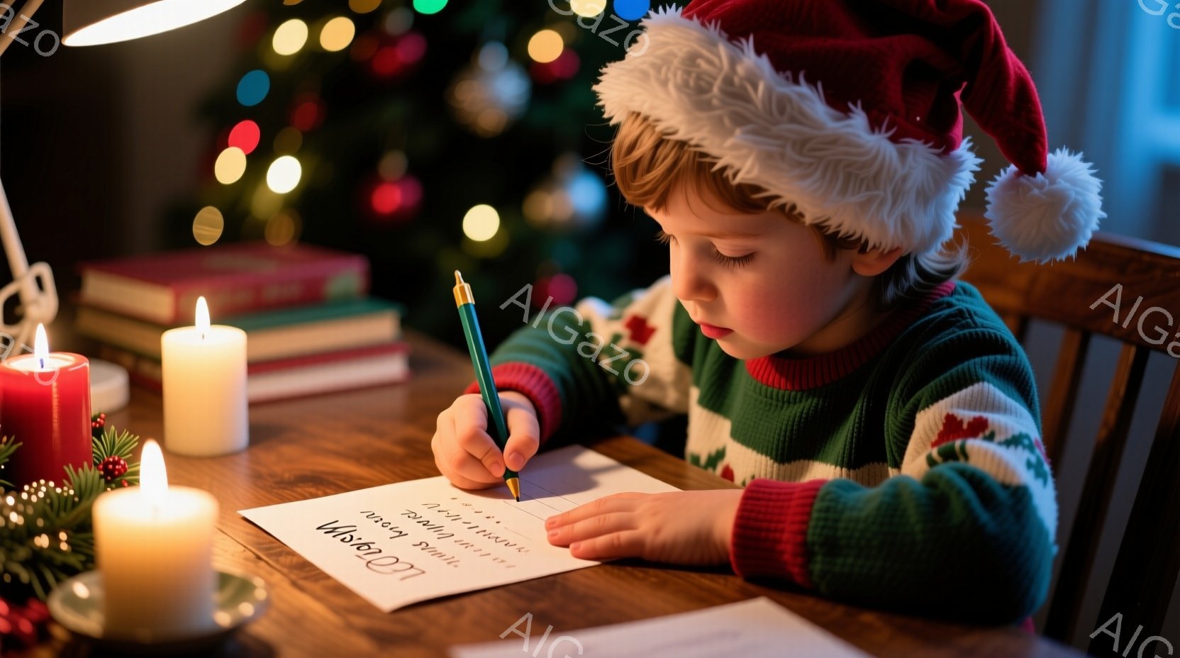 小さな男の子がクリスマスツリーの前で手紙を書いています。緑色のセーターを着て、サンタ帽をかぶり、真剣な表情でペンを握り、テーブルに身を乗り出して集中しています。背景にはぼやけたクリスマスツリーと、小さ - AI生成フリー素材
