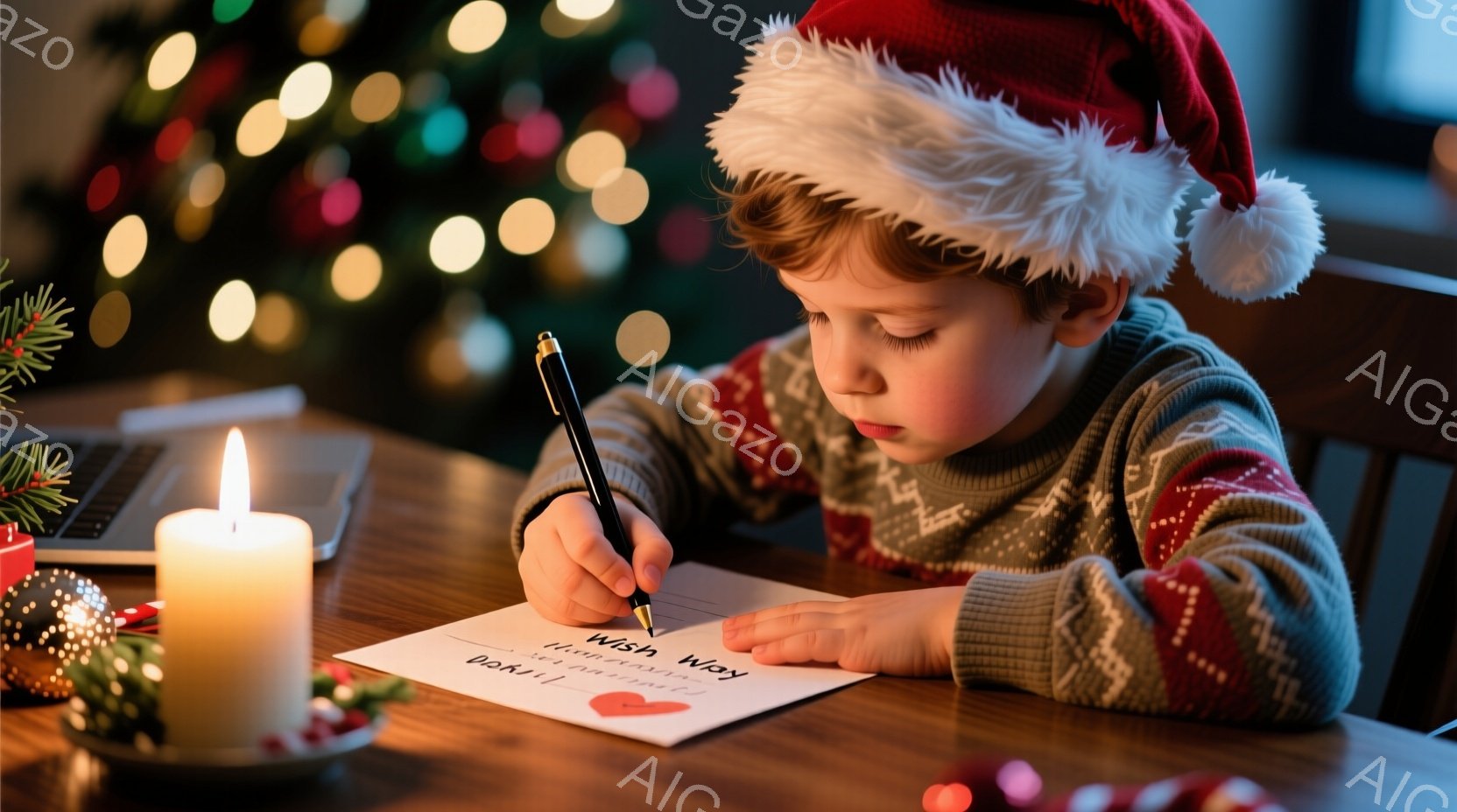 幼い少年がクリスマスツリーの前で手紙を書いています。彼はサンタ帽をかぶり、灰色のセーターを着ており、集中して手紙にペンを走らせています。背景にはぼんやりとクリスマスツリーの光が灯り、暖かく幻想的な雰囲 - AI生成フリー素材