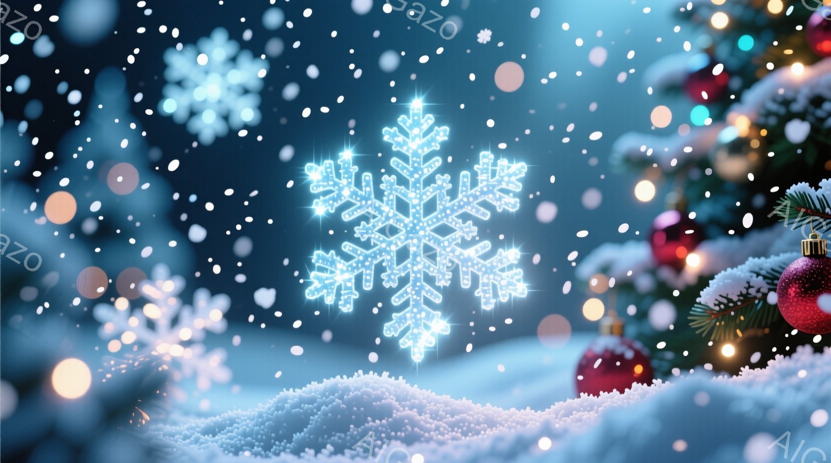 鮮やかな白い光を放つ雪の結晶が、ぼやけた背景のクリスマスツリーと雪景色の中に浮かび上がっています。背景は、クリスマスオーナメントで飾られた緑の枝と、雪が舞う青い空で構成され、幻想的で冬の祝祭の雰囲気を - AI生成フリー素材