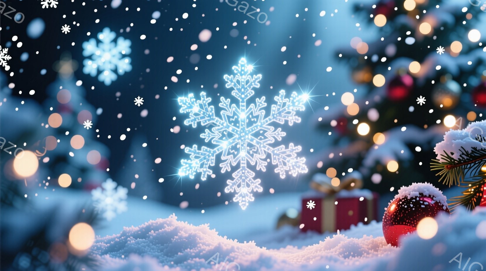 輝く雪の結晶が画面の中心に大きく浮かび上がり、背景にはぼやけたクリスマスツリーとプレゼントボックス、そして赤いオーナメントが見えます。 雪が舞い降り、地面には雪が積もり、全体的に幻想的で温かいクリスマ - AI生成フリー素材