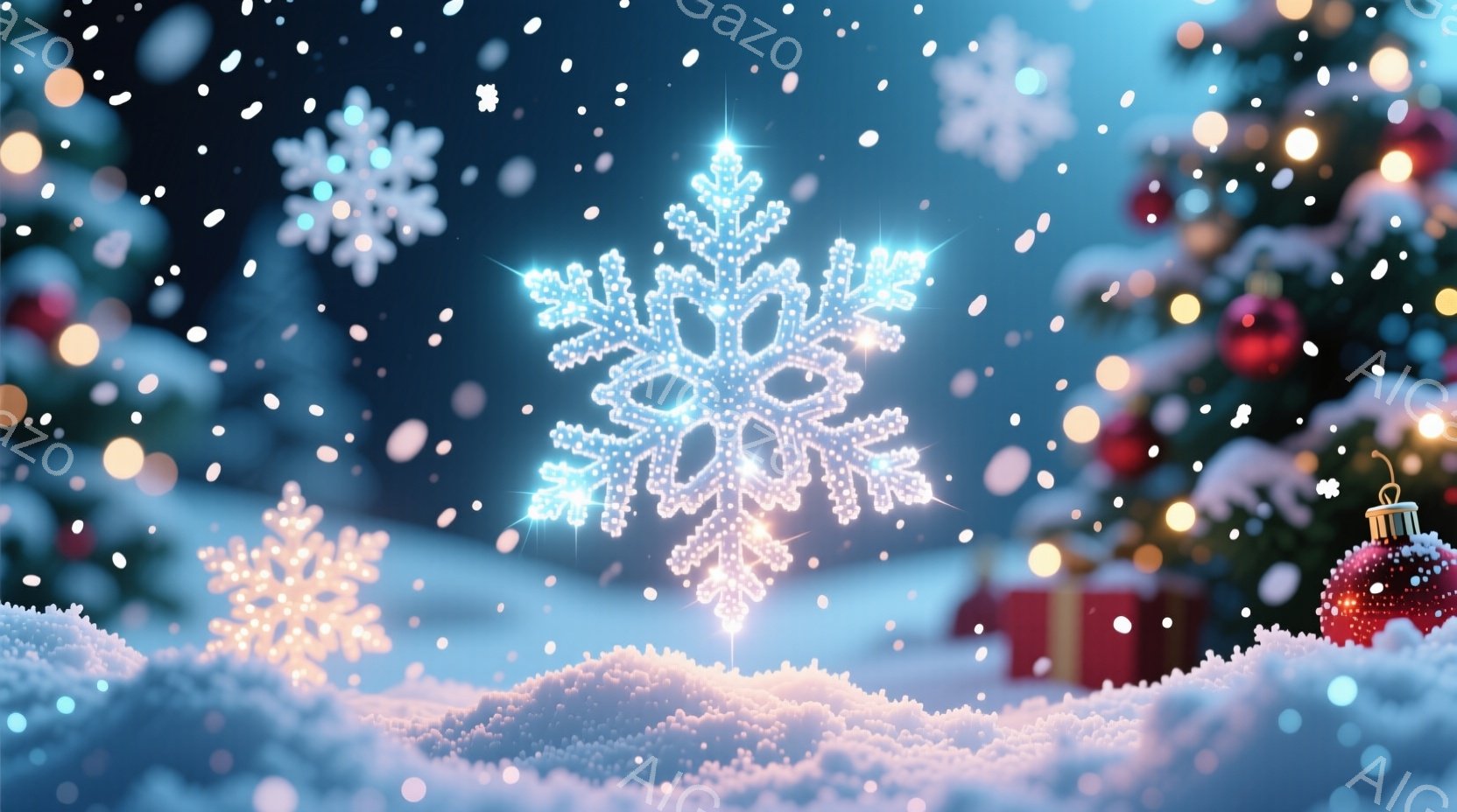 鮮やかな光を放つ雪の結晶が、ぼやけたクリスマスツリーと雪景色を背景に浮かび上がっています。背景には、飾り付けられたクリスマスツリーやプレゼントボックスが見え、雪が舞い散る幻想的な冬の雰囲気が表現されて - AI生成フリー素材