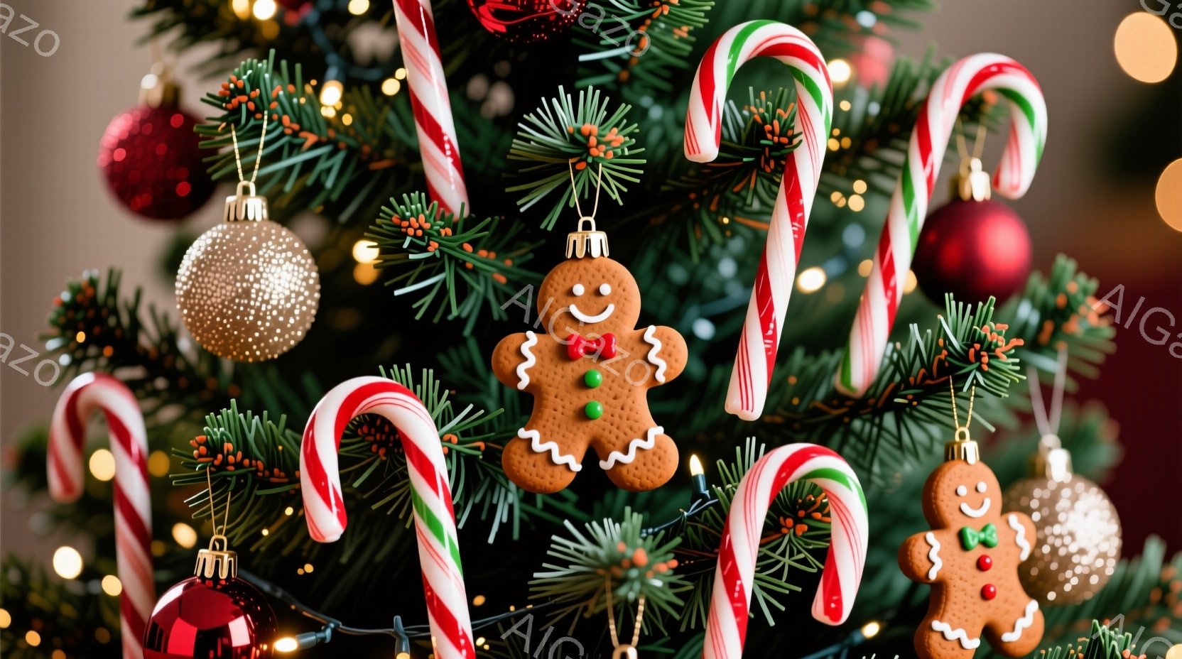 クリスマスツリーの枝に、キャンディケーンとジンジャーブレッドマンのオーナメントが飾られています。ジンジャーブレッドマンは笑顔で緑色のアイシングで装飾されており、可愛らしい雰囲気を醸し出しています。背景 - AI生成フリー素材