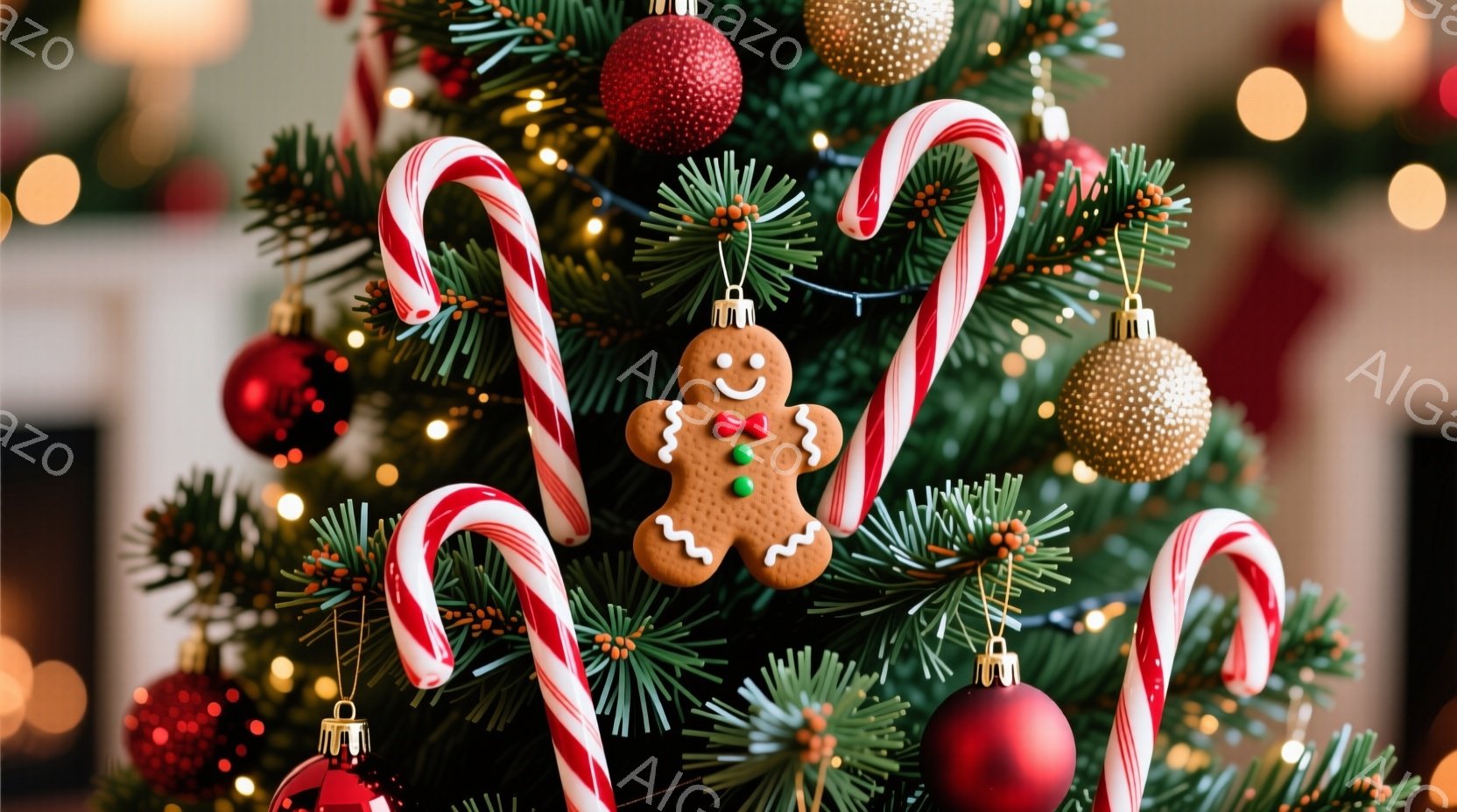 クリスマスツリーが密集した緑の葉と様々な装飾で彩られています。赤と白のキャンディケーンや光沢のある赤いオーナメント、そしてジンジャーブレッドクッキーの飾りが見られ、温かみのある光がそれを照らしています - AI生成フリー素材