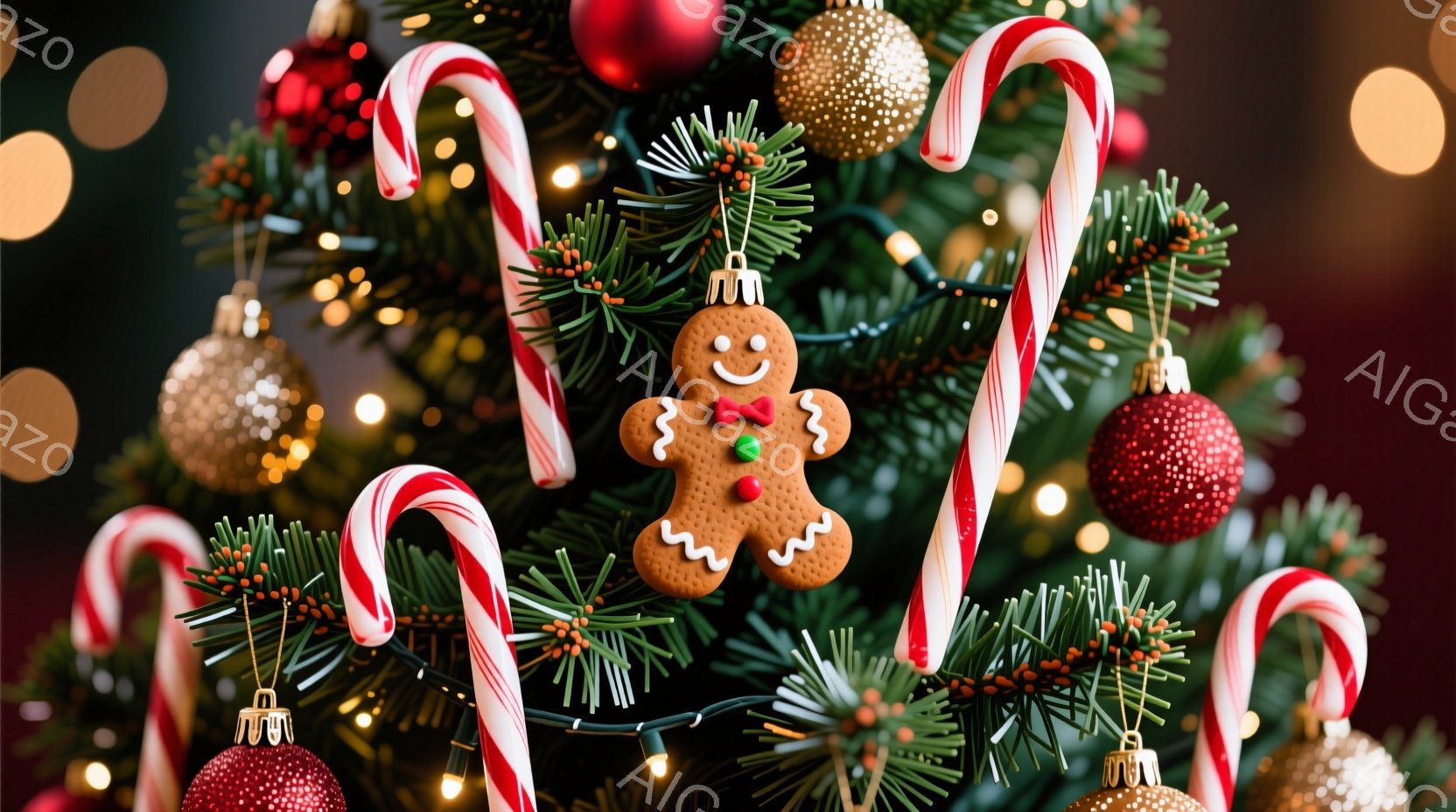 クリスマスツリーが赤と金のオーナメント、キャンディケーン、そしてジンジャーブレッドクッキーで飾られています。ツリーの緑豊かな葉は、暖かく楽しい雰囲気を醸し出し、背景はぼやけた光の点々で華やかさを添えています。全体的に、この画像はクリスマスの喜びと祝祭的な気分を表現しています。