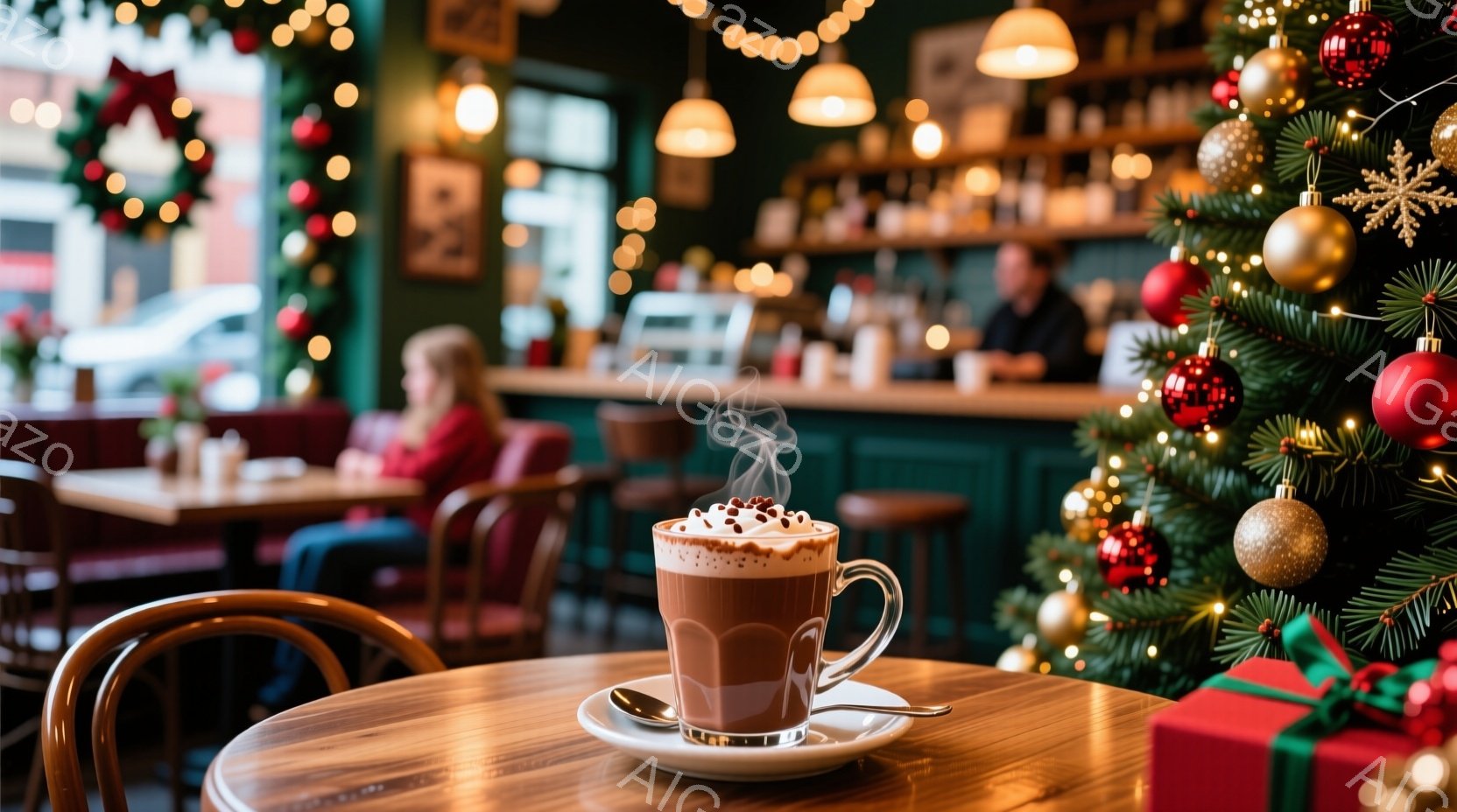 温かいココアが木製のテーブルに置かれ、湯気が立ち上っている。背景にはクリスマスツリーとプレゼント、そしてバーカウンターとお客様が見え、暖かく華やかなクリスマスの雰囲気を感じさせる。お客様は赤いドレスを着ており、バーカウンターには男性が立っている。