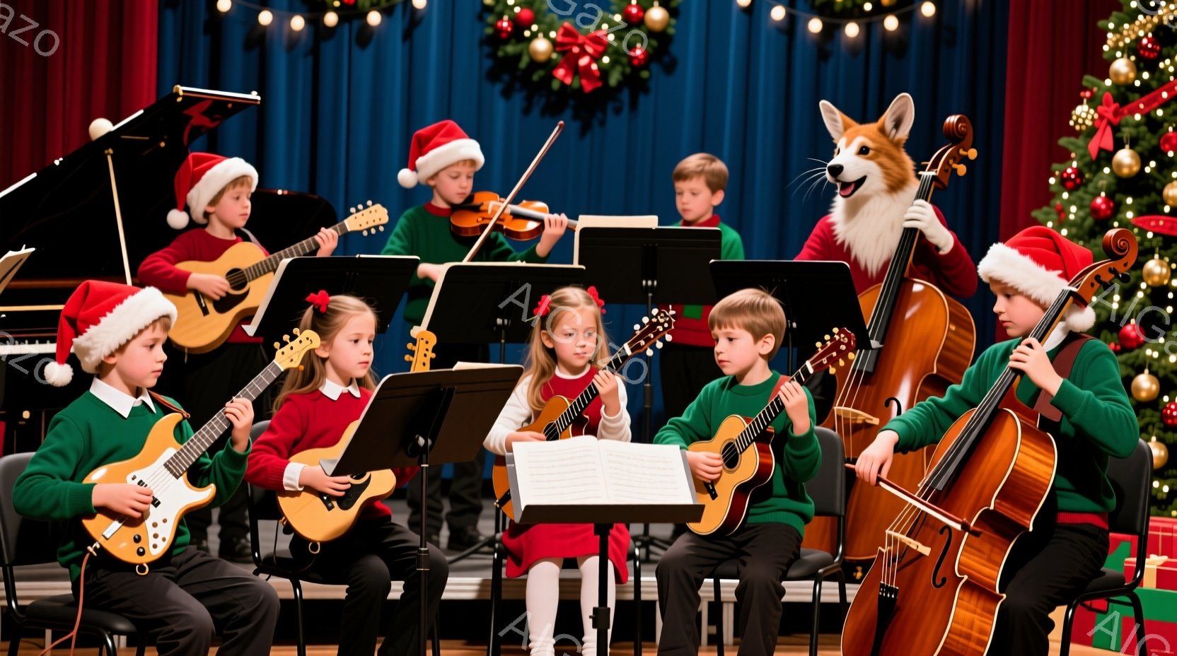 クリスマスをテーマにしたオーケストラ団の演奏風景です。子供たちは赤いサンタの帽子をかぶり、ギター、バイオリン、ベースなどの楽器を演奏しており、真剣な表情で演奏に集中しています。背景には赤いベルベットの - AI生成フリー素材