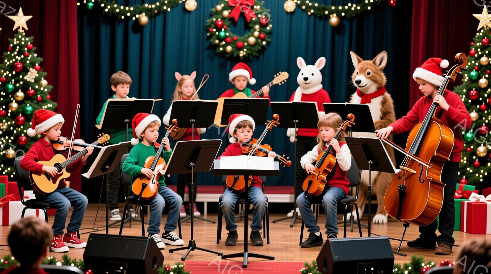 複数の子供たちがクリスマスの衣装を着て、ステージ上で楽器を演奏しています。赤と白のサンタ帽をかぶり、バイオリン、ギター、チェロを演奏しており、真剣な表情で演奏に集中しています。背景には、クリスマスツリーやプレゼント、そして可愛らしい犬の着ぐるみがあり、華やかで温かいクリスマスの雰囲気が漂っています。