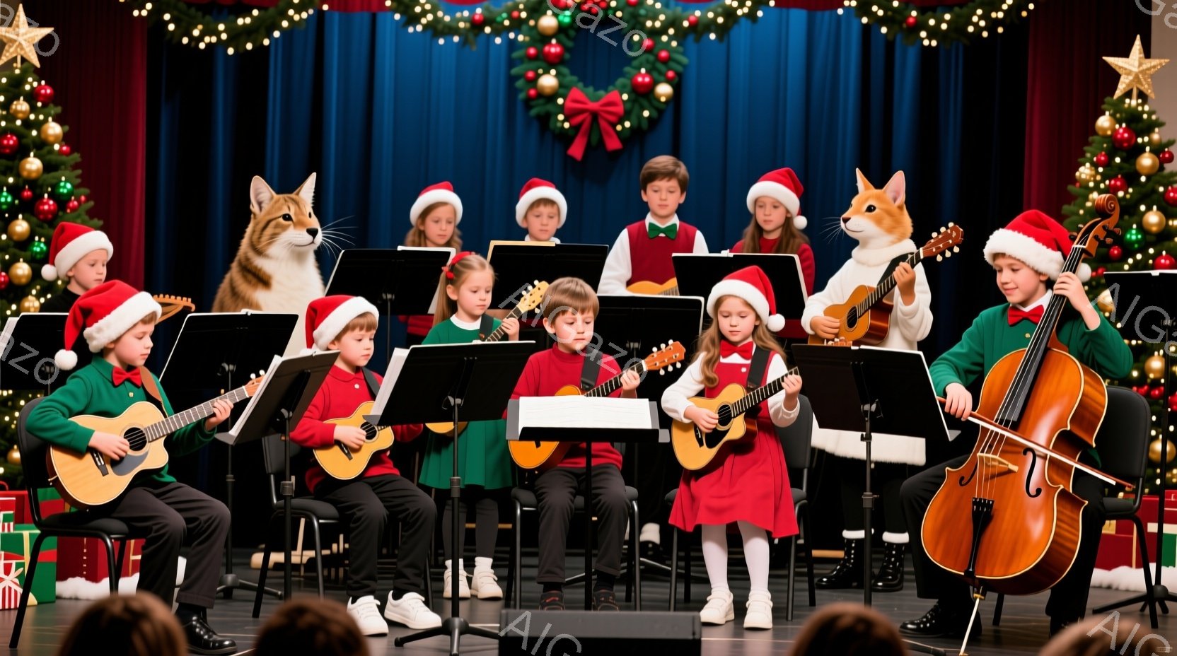 クリスマスの装飾が施された舞台上で演奏する子供たちの楽団が写っています。子供たちは赤いサンタの帽子をかぶり、緑や赤の冬の衣装を着ており、それぞれギター、ピアノ、チェロなどの楽器を演奏しています。背景にはクリスマスツリーと装飾が施されたリースがあり、全体的に温かく、お祝いの雰囲気が漂っています。