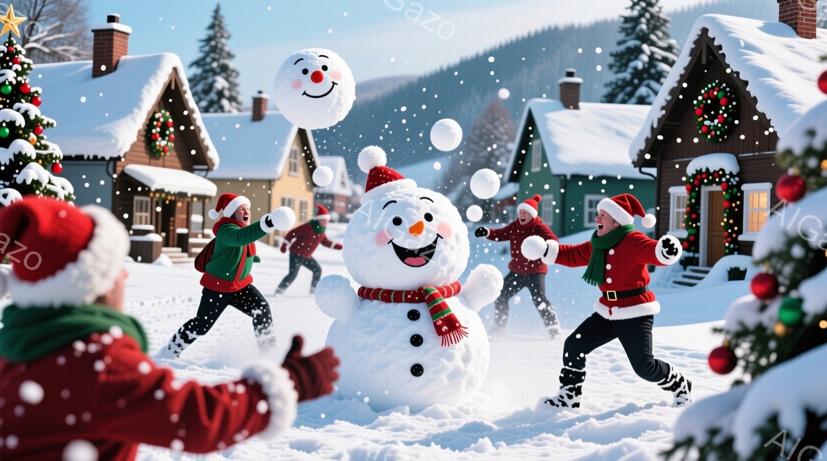 雪景色の中で、数人の人々が雪合戦を楽しんでいる。彼らは赤い帽子と緑のジャケットを着ており、笑顔で雪玉を投げ合っている。背景には、クリスマスの飾り付けが施された可愛らしい家々と雪に覆われた木々が見られ、 - AI生成フリー素材