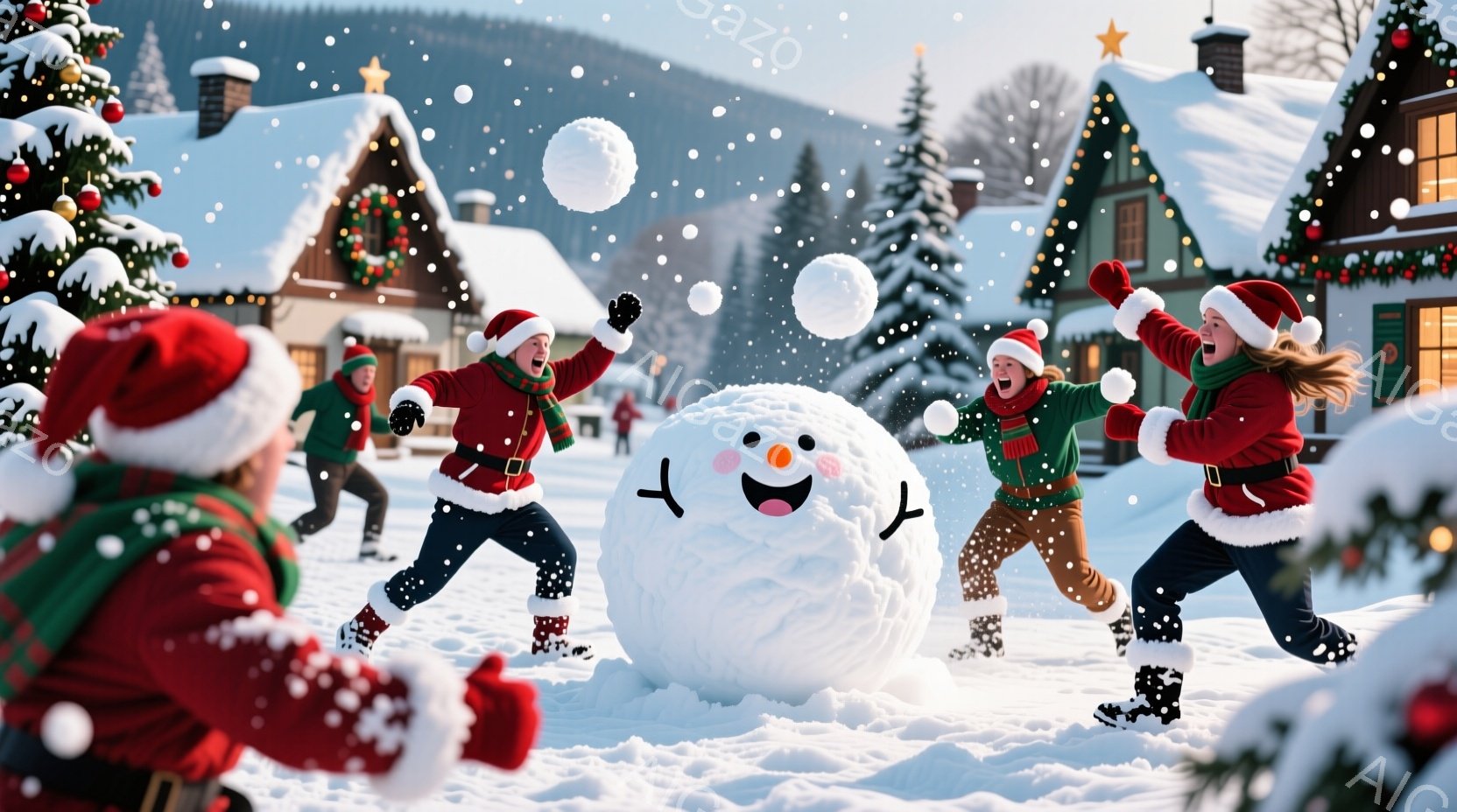 雪景色の中で、赤いサンタの帽子と緑のセーターを着た子供たちが雪合戦を楽しんでいます。彼らは笑顔で雪玉を投げたり、走ったりしており、大きな雪だるまが中央に立っています。背景には、クリスマス飾りを施された - AI生成フリー素材
