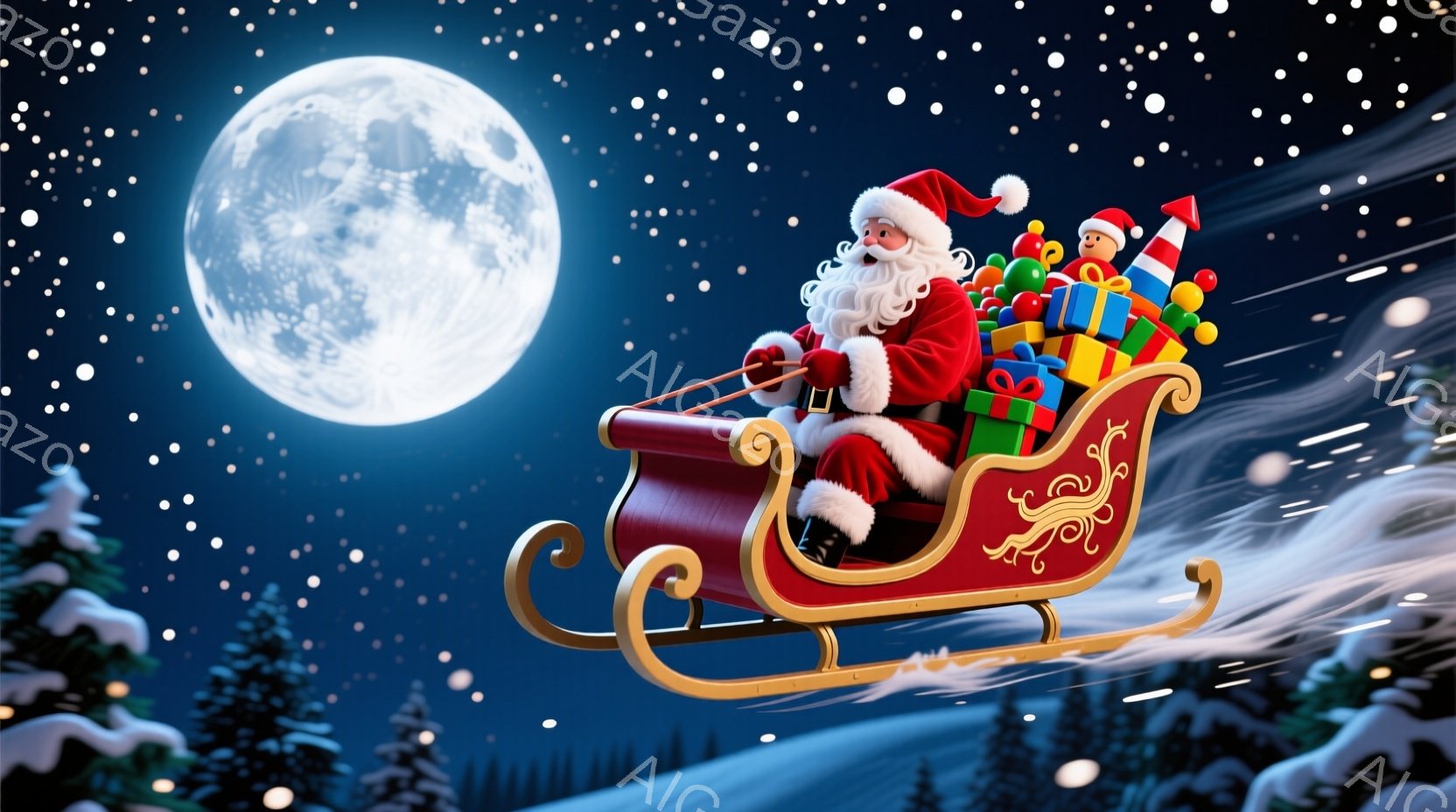 サンタクロースがそりに乗り、プレゼントを積んで夜空を飛んでいる。彼は赤い衣装と帽子を身に着け、白いひげを生やし、笑顔で前を見ている。背景には満月と雪に覆われた松の木々が広がり、雪が舞い散る幻想的な冬の - AI生成フリー素材