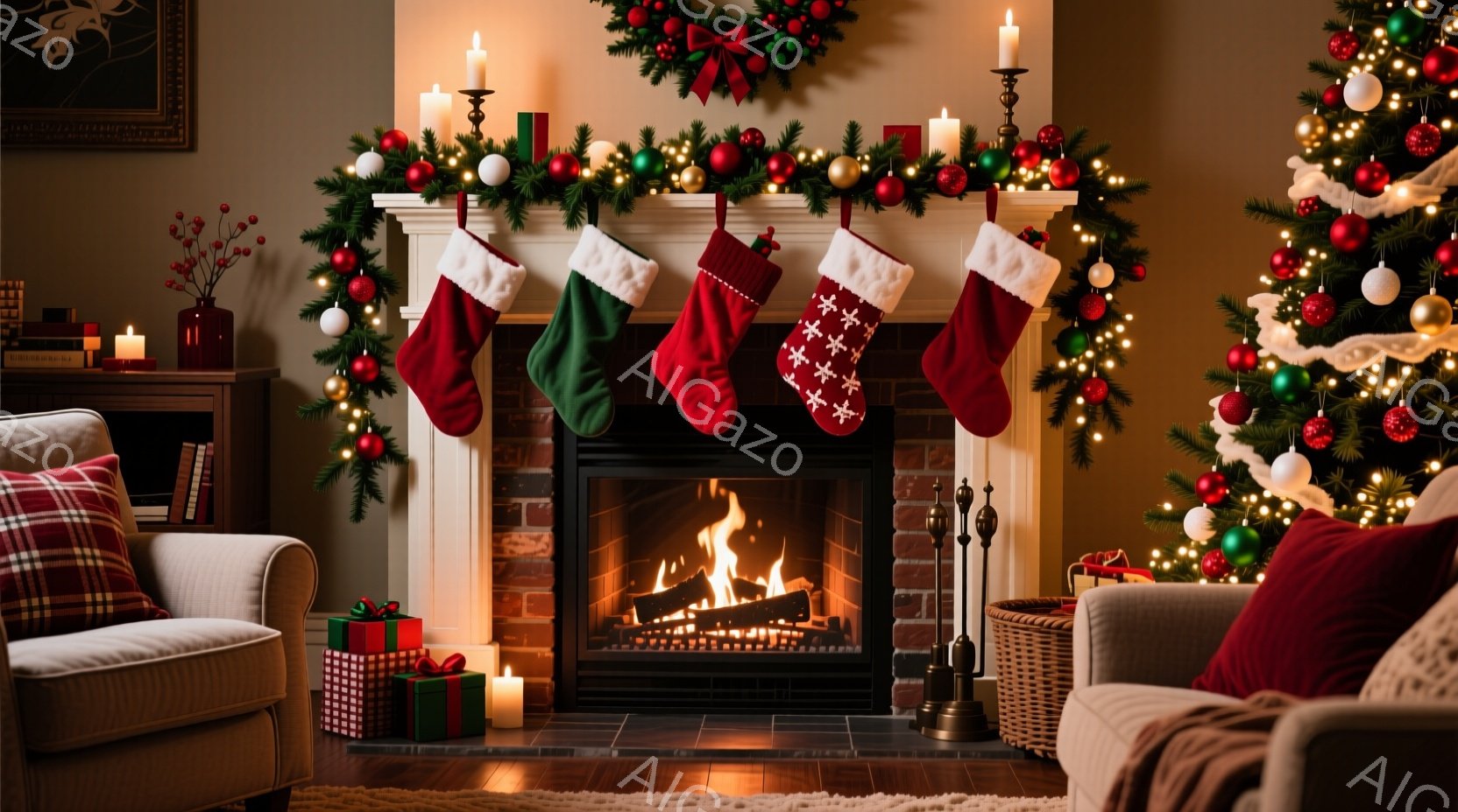 暖炉の前には、クリスマスツリーと装飾が施された暖炉の棚があり、赤いクリスマスストッキングが掛けられています。部屋にはプレゼントの箱やキャンドルが置かれ、落ち着いた暖かく、お祝いの雰囲気が漂っています。フローリングの床とオフホワイトの椅子が、全体の温かみを引き立てています。