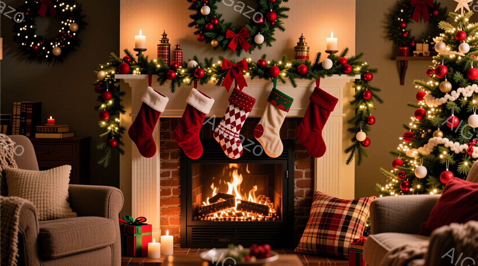 暖炉の前に飾られたクリスマスツリーと、暖炉の上に吊るされたクリスマスストッキングが印象的な光景です。暖炉の中では炎が燃え盛り、部屋全体を暖かく照らしています。背景には、クリスマスリースやプレゼント、キャンドルなどが配置され、温かく、お祝いの雰囲気が漂っています。