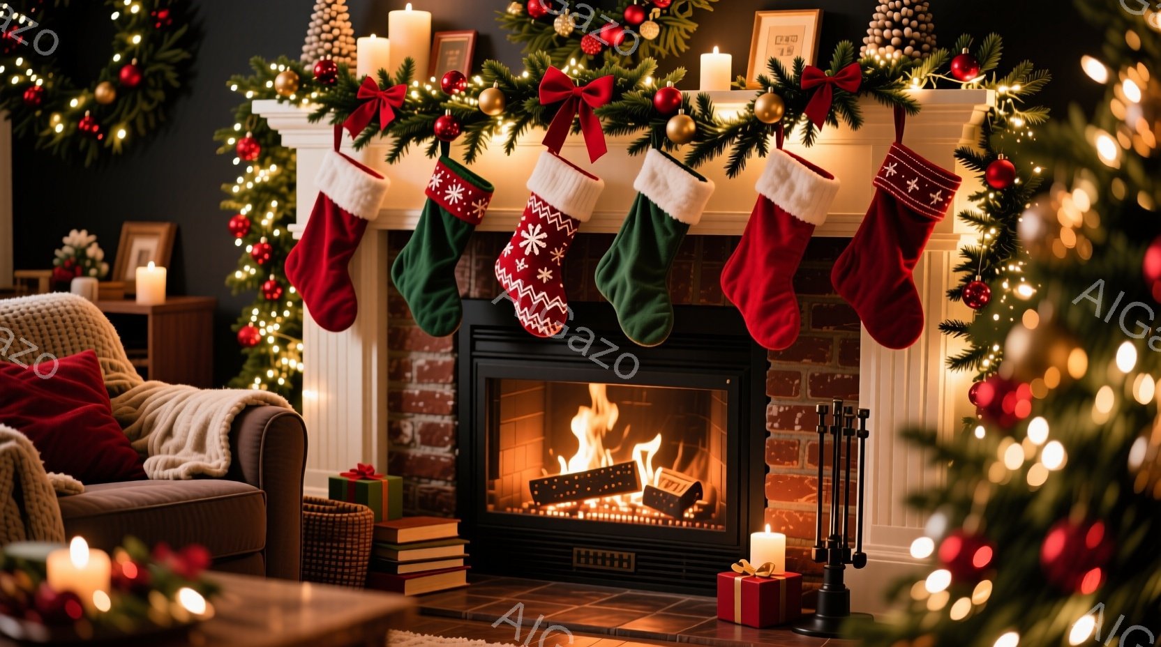暖炉のある居間には、クリスマスらしい装飾が施されており、赤いレンガの暖炉の上にクリスマスストッキングが飾られています。暖炉には火が灯っており、その周りにはプレゼントが置かれ、部屋全体が暖かく、居心地の - AI生成フリー素材