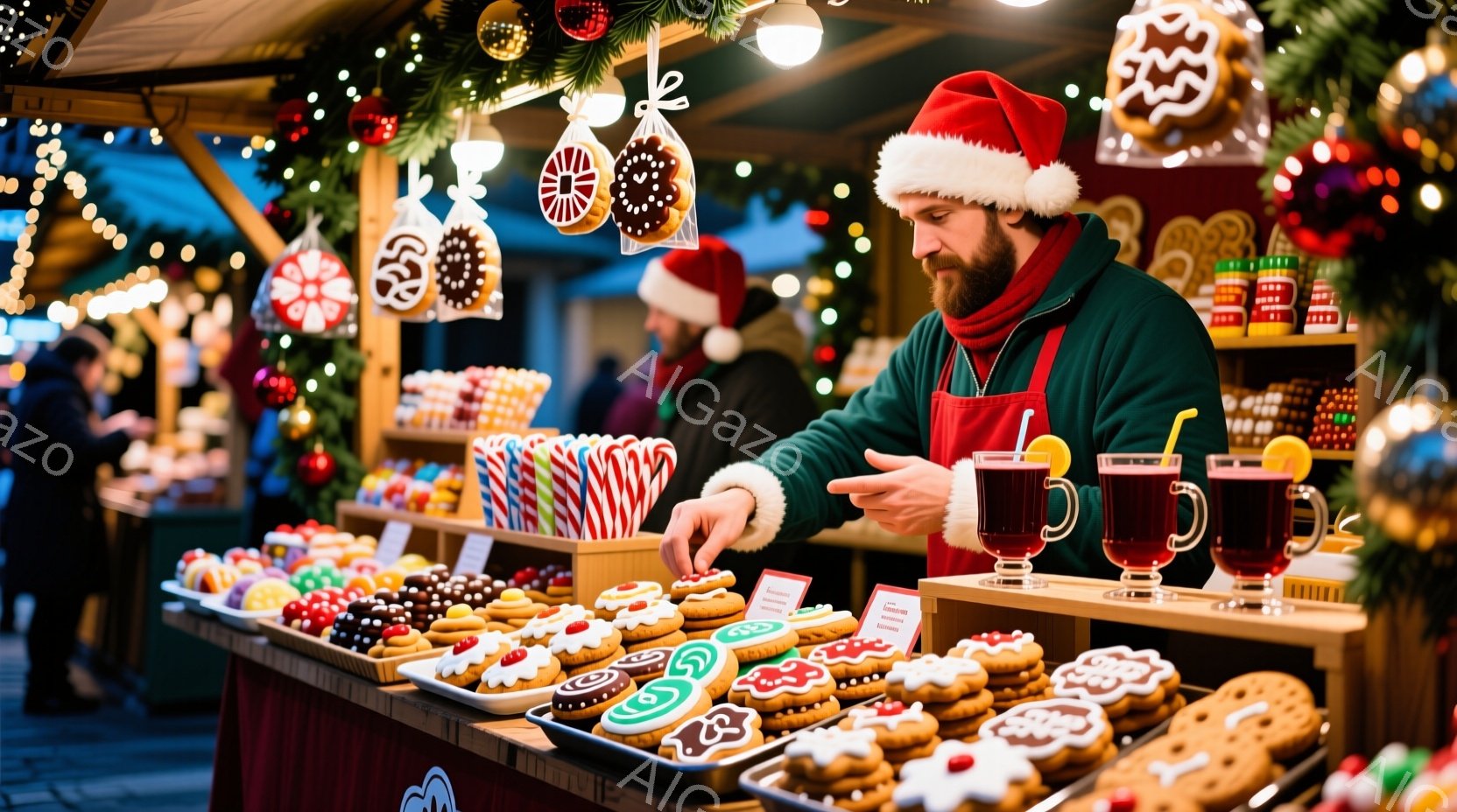 クリスマスマーケットの屋台で、緑色のオーバーオールと赤いサンタの帽子をかぶった男性が、様々なクリスマス菓子を並べています。彼は片手に小さなフォークを持ち、何かの調整をしているようです。背景には、色とり - AI生成フリー素材