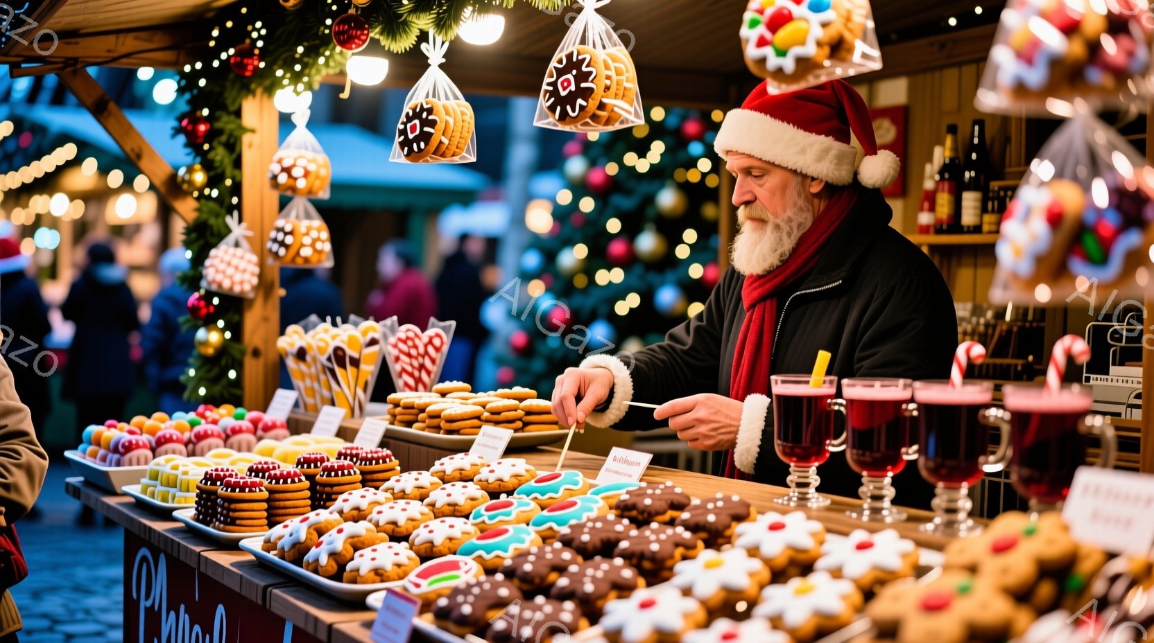 灰色のひげを生やした老人が、クリスマスのマーケットの屋台で商品を準備している。彼はサンタの帽子と黒いコートを着ており、真剣な表情でクッキーの入ったトレイを見つめている。背景には、色とりどりのクリスマス飾りと、ぼやけた人々の姿が見え、暖かく、お祭り気分を醸し出している。