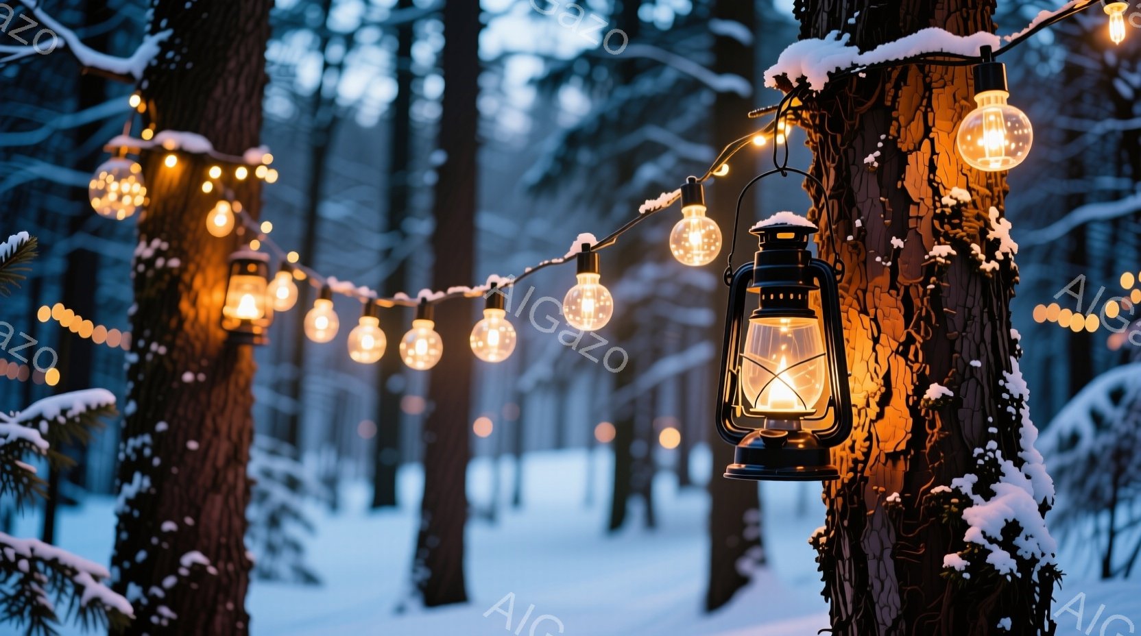 雪に覆われた森林の中で、木の間に提灯のような電球が飾られたロープが張られています。提灯はレトロなデザインで、温かい光を放ち、周囲の白銀の世界とのコントラストを際立たせています。冬の静寂と幻想的な雰囲気が漂う、美しい風景です。