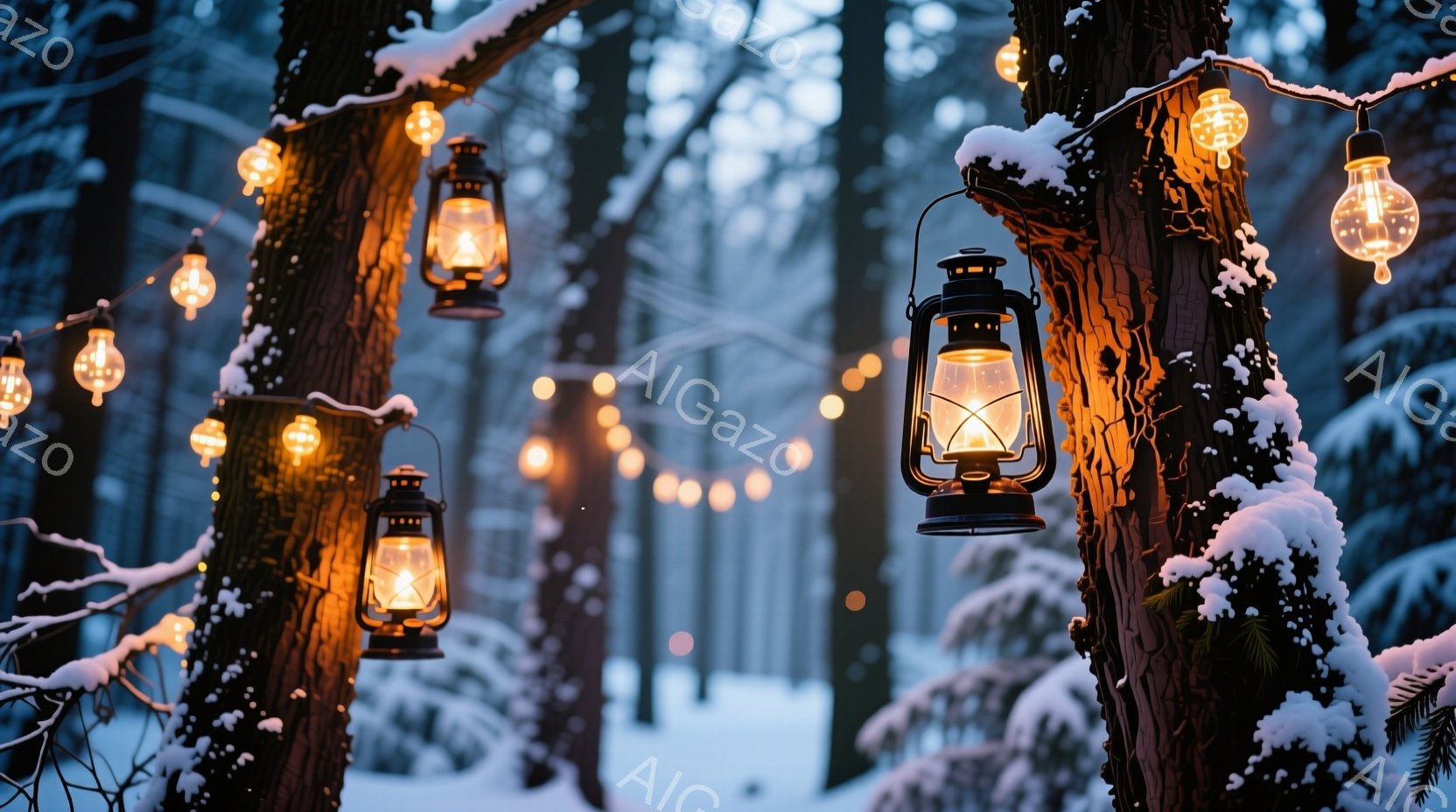 画像は雪に覆われた森林の中で、暖色の電球が繋がった飾り付けが木々に吊り下げられている様子を捉えています。雪が積もった木の幹と、ぼんやりとした背景の木々が幻想的な雰囲気を醸し出しており、冬の静寂と温かさが共存する様子が伝わってきます。電球の光は、暗い森の中で温かく柔らかい光を放ち、冬の夜の魅力を引き立てています。